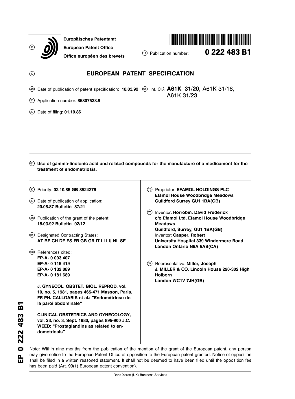 Use of Gamma-Linolenic Acid and Related Compounds for the Manufacture of a Medicament for the Treatment of Endometriosis