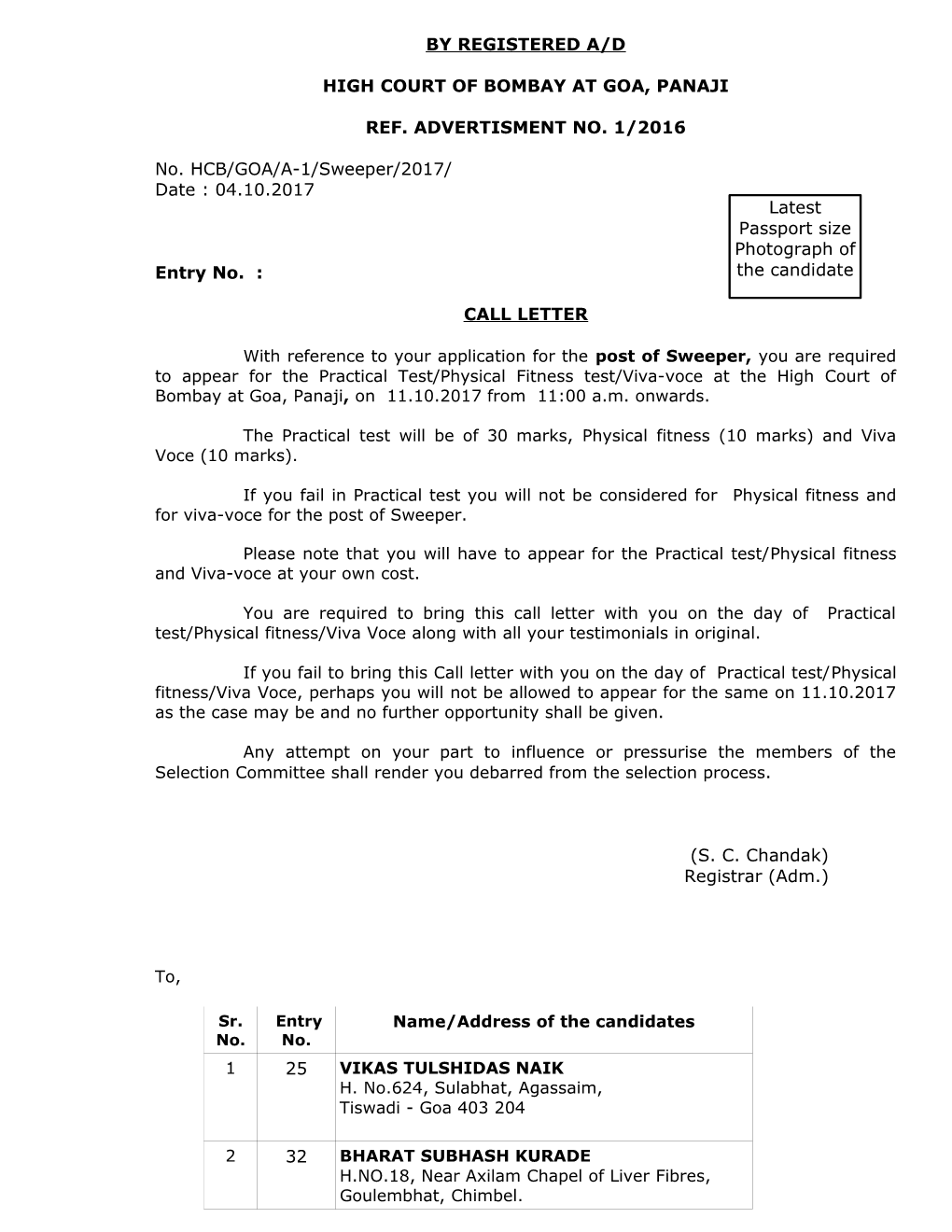 Call Letter for the Post of Sweeper