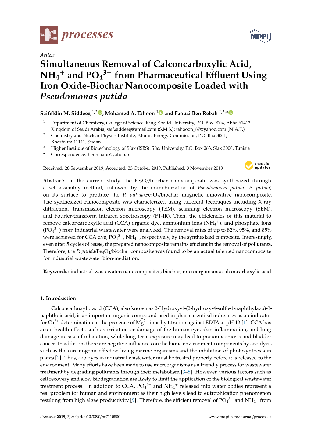 Simultaneous Removal of Calconcarboxylic Acid, + 3− NH4 and PO4 from Pharmaceutical Eﬄuent Using Iron Oxide-Biochar Nanocomposite Loaded with Pseudomonas Putida