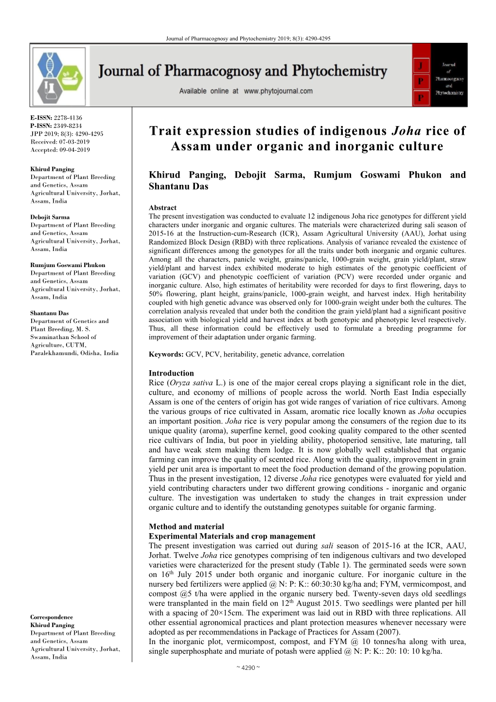 Trait Expression Studies of Indigenous Joha Rice of Assam Under Organic