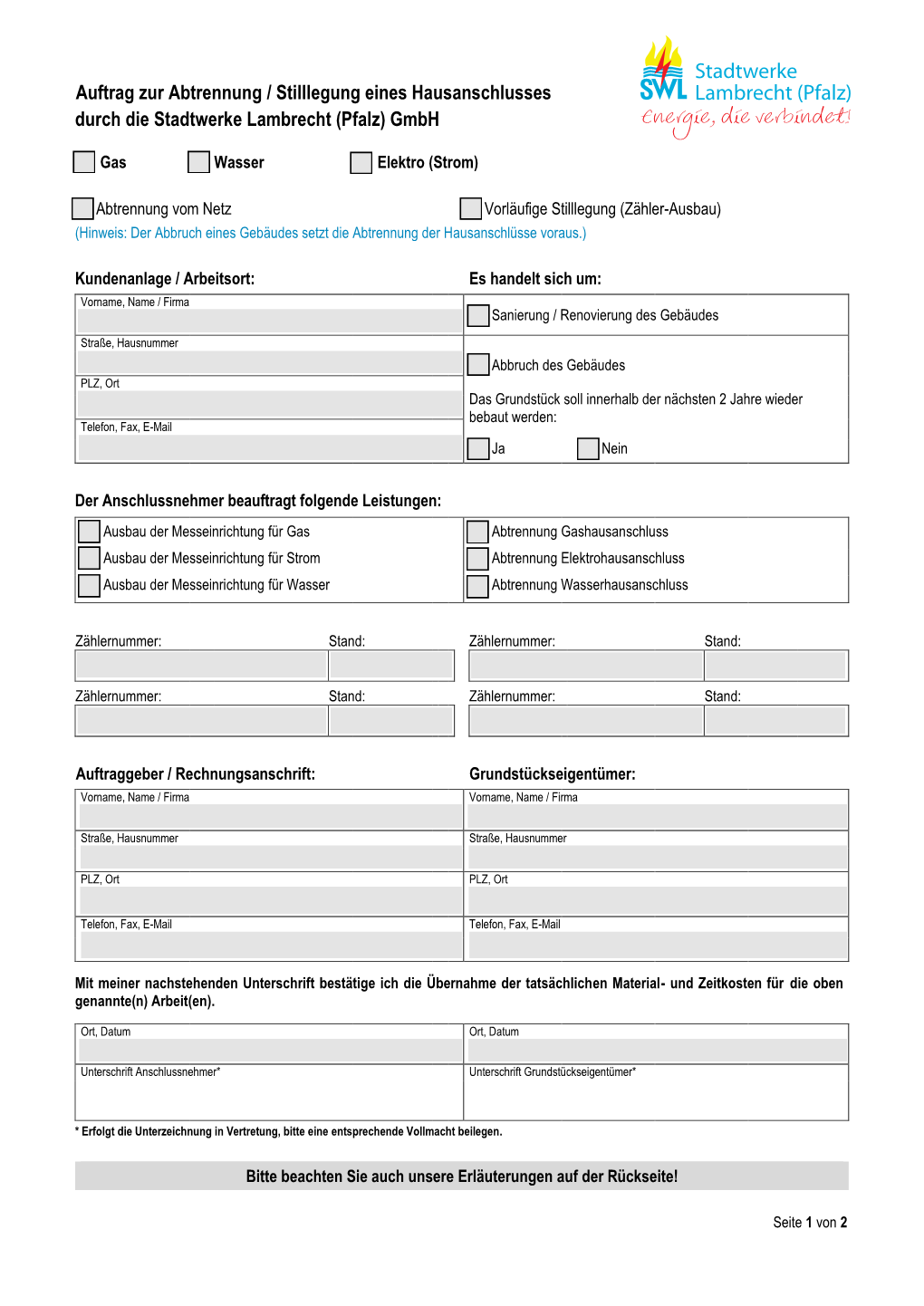 Auftrag Zur Abtrennung / Stilllegung Eines Hausanschlusses Strom/Gas/Wasser