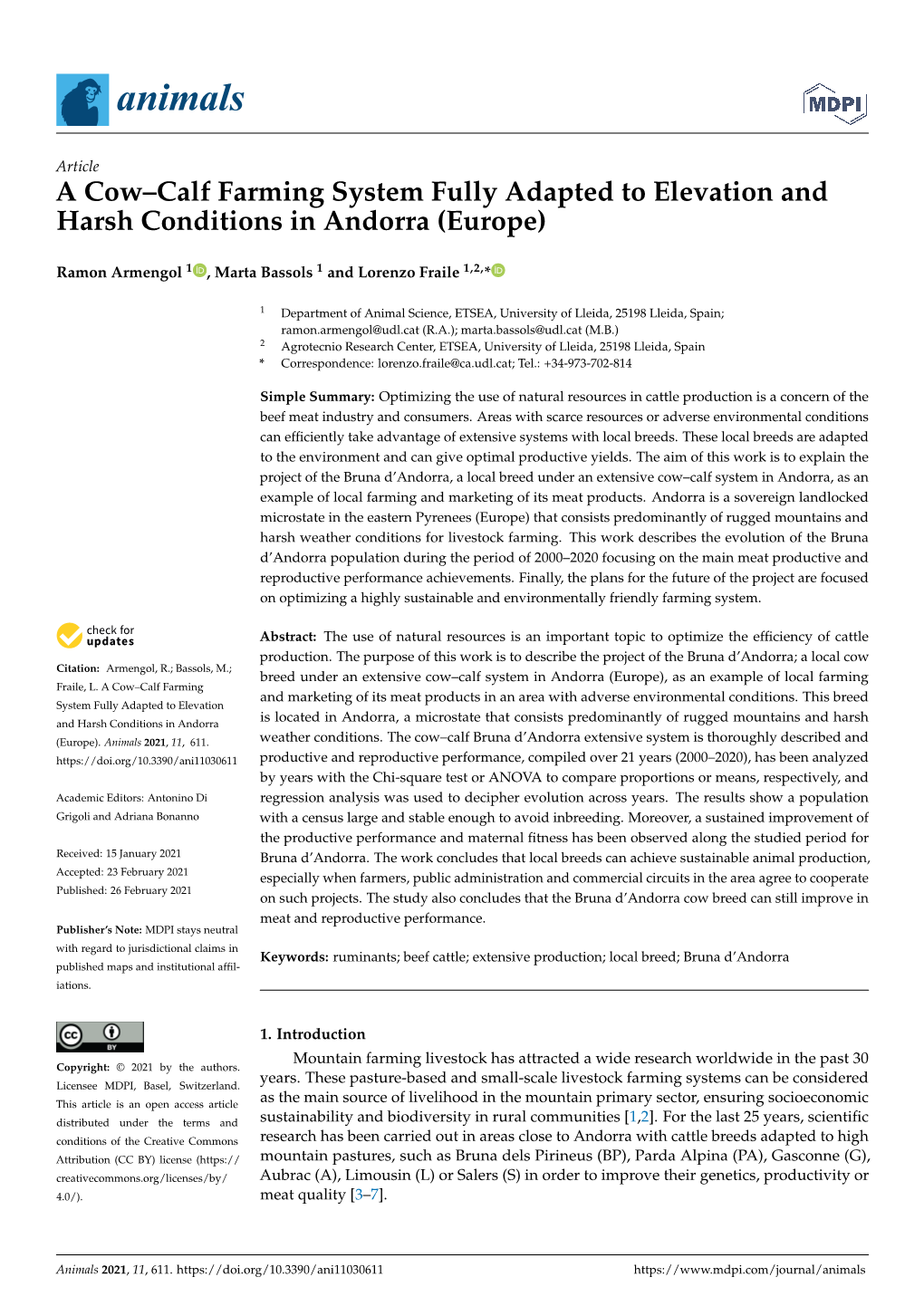 A Cow–Calf Farming System Fully Adapted to Elevation and Harsh Conditions in Andorra (Europe)