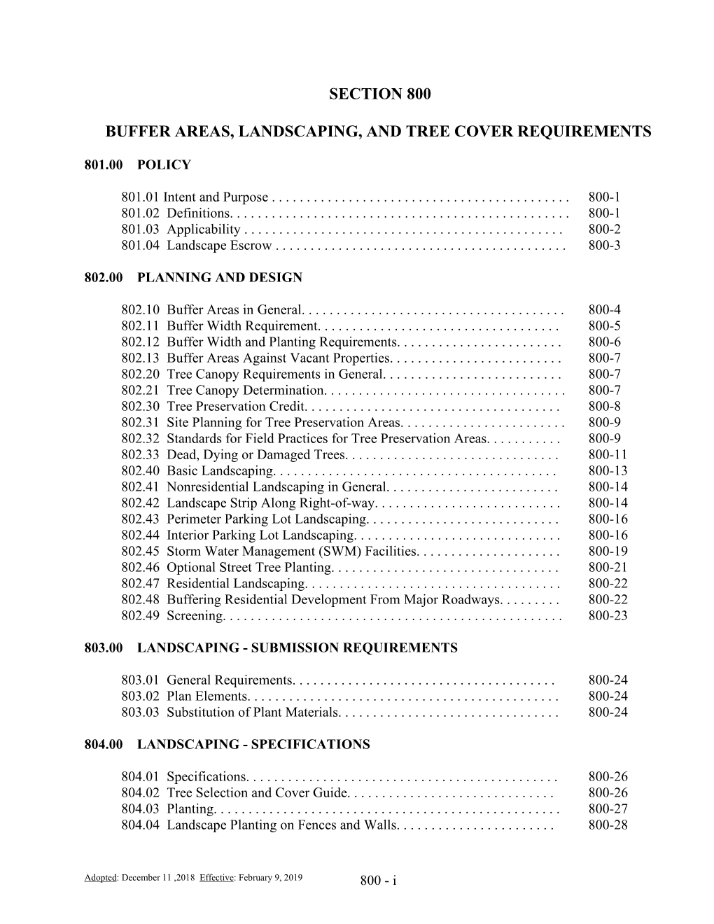 Section 800 Buffer Areas, Landscaping, and Tree Cover