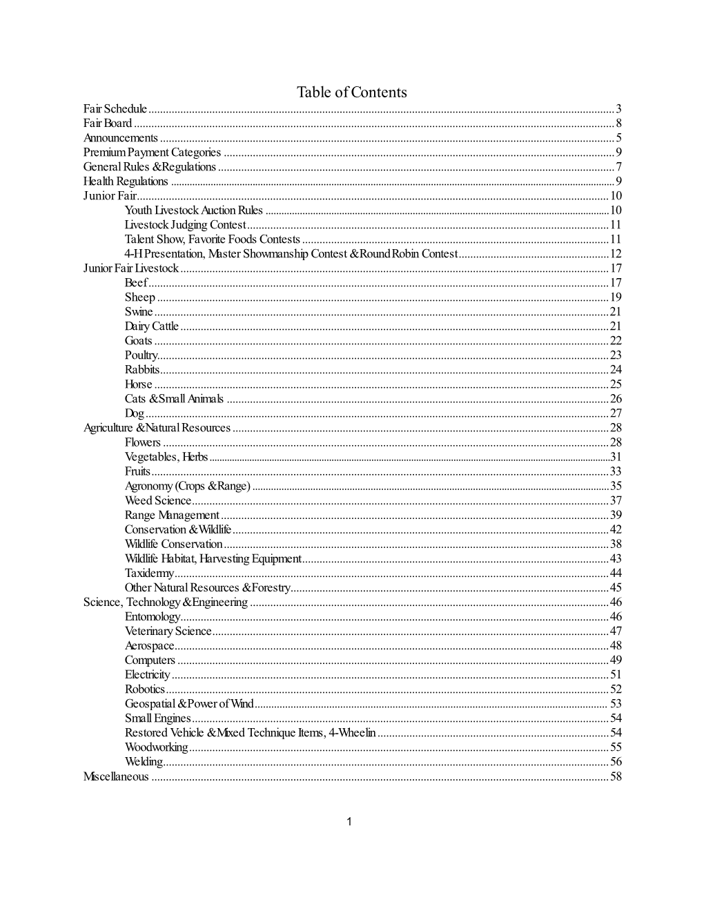 Table of Contents Fair Schedule