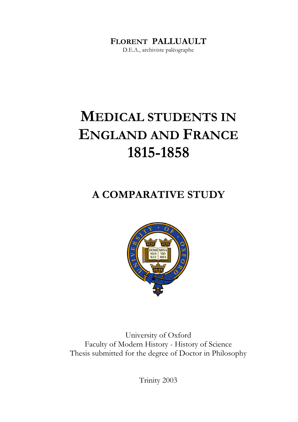 Medical Students in England and France, 1815-1858