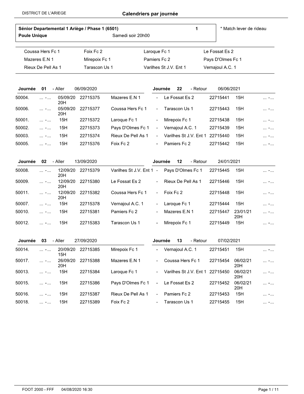 Calendriers Seniors 2020 2021