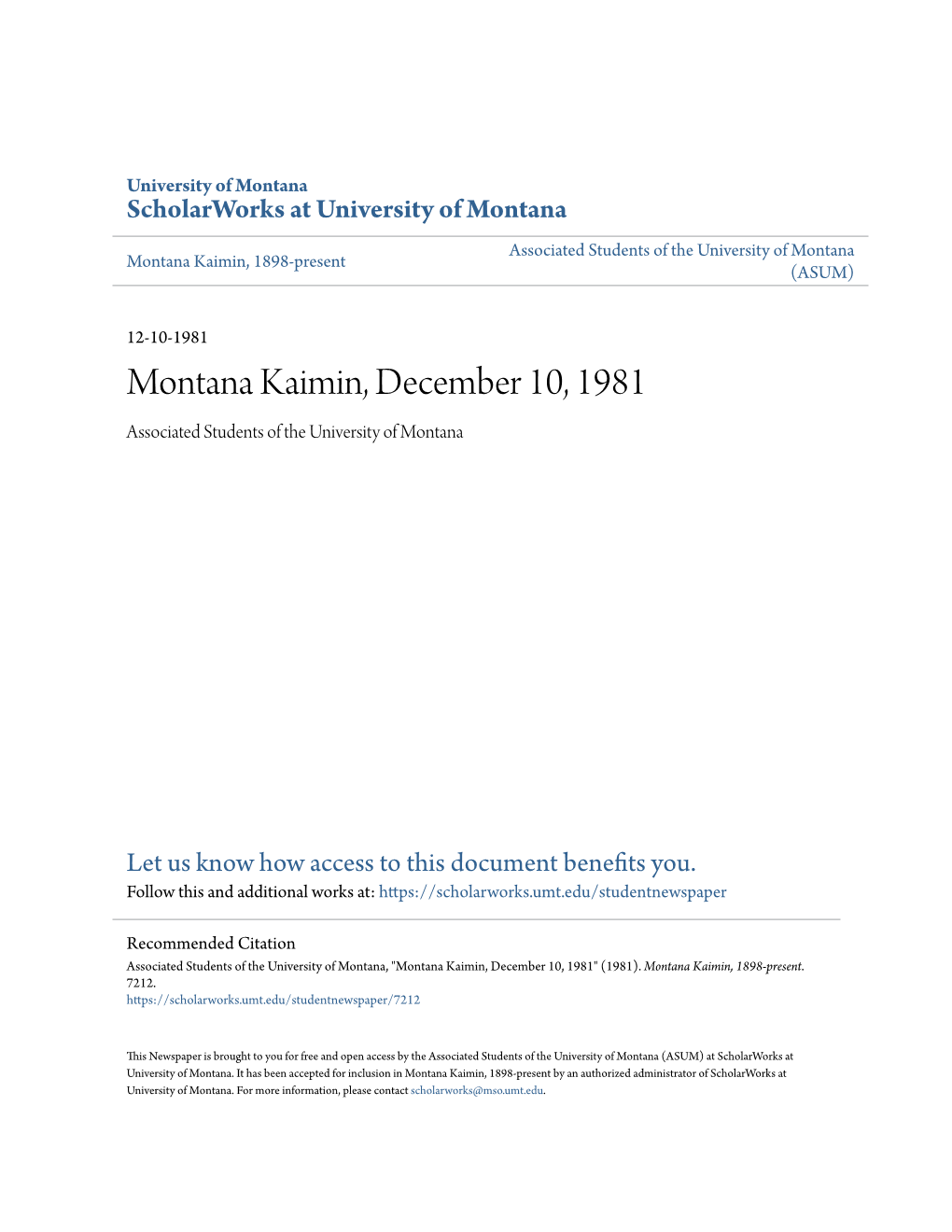 Montana Kaimin, December 10, 1981 Associated Students of the University of Montana