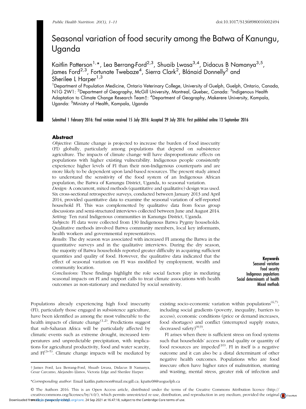 Seasonal Variation of Food Security Among the Batwa of Kanungu, Uganda