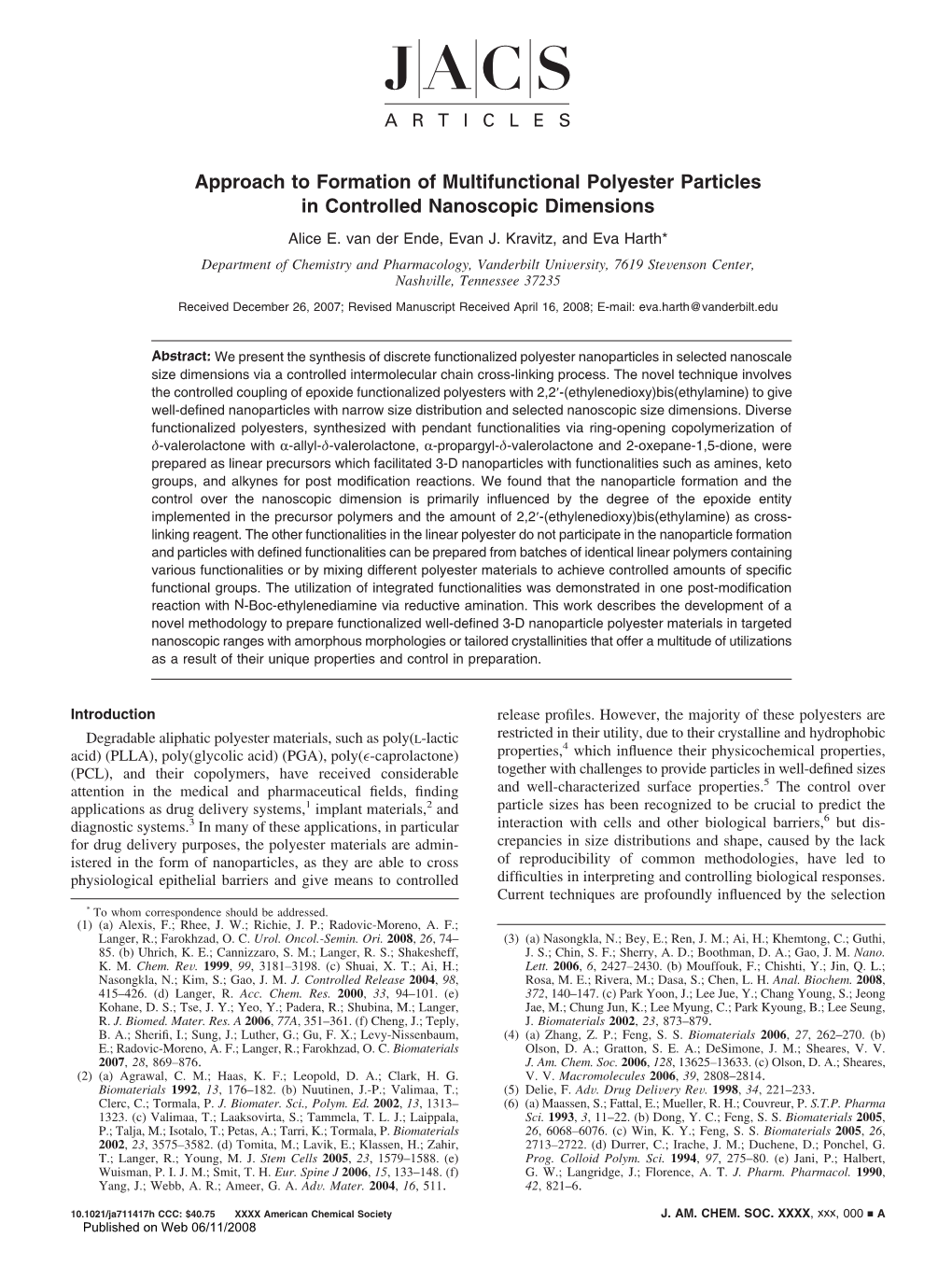 Approach to Formation of Multifunctional Polyester Particles in Controlled Nanoscopic Dimensions Alice E