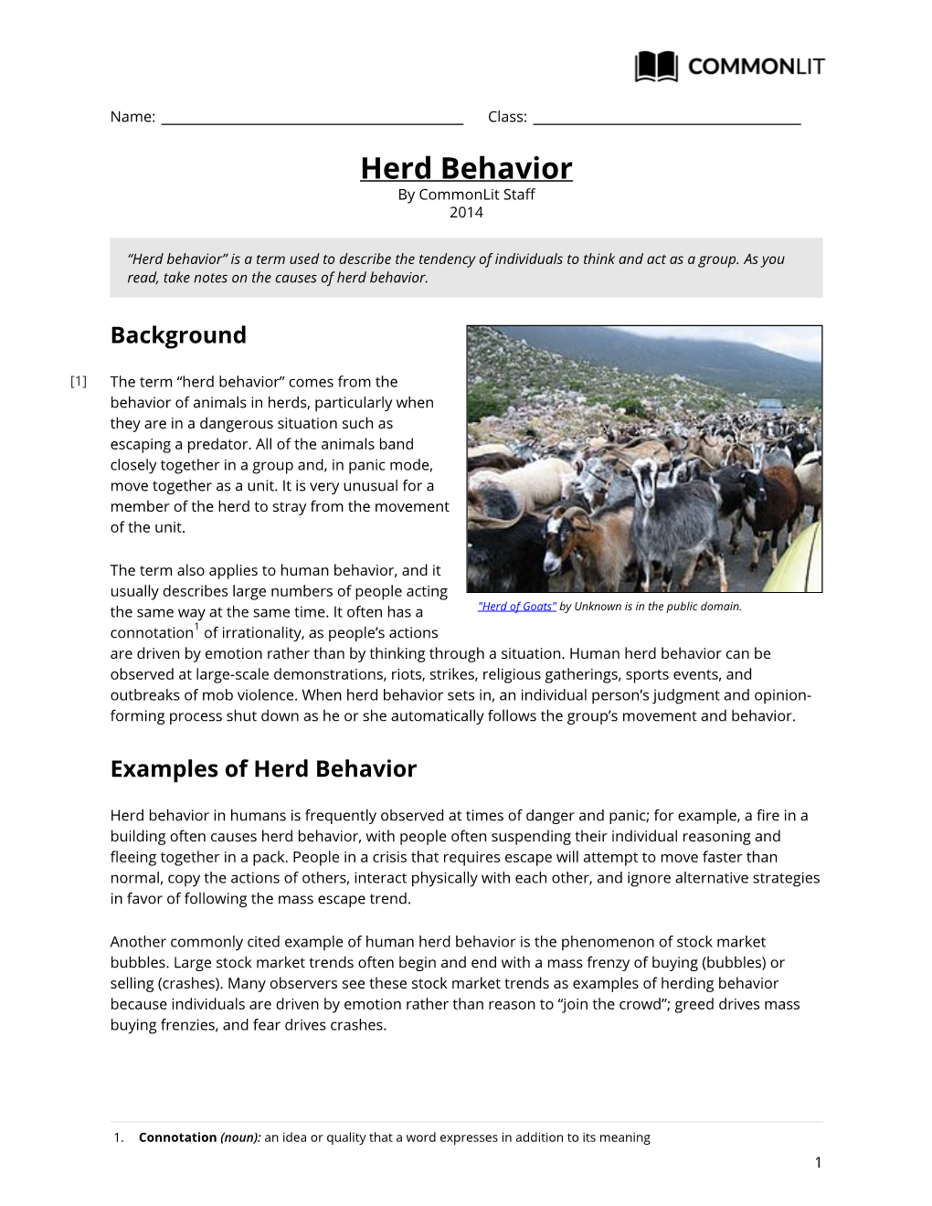 Herd Behavior by Commonlit Staff 2014