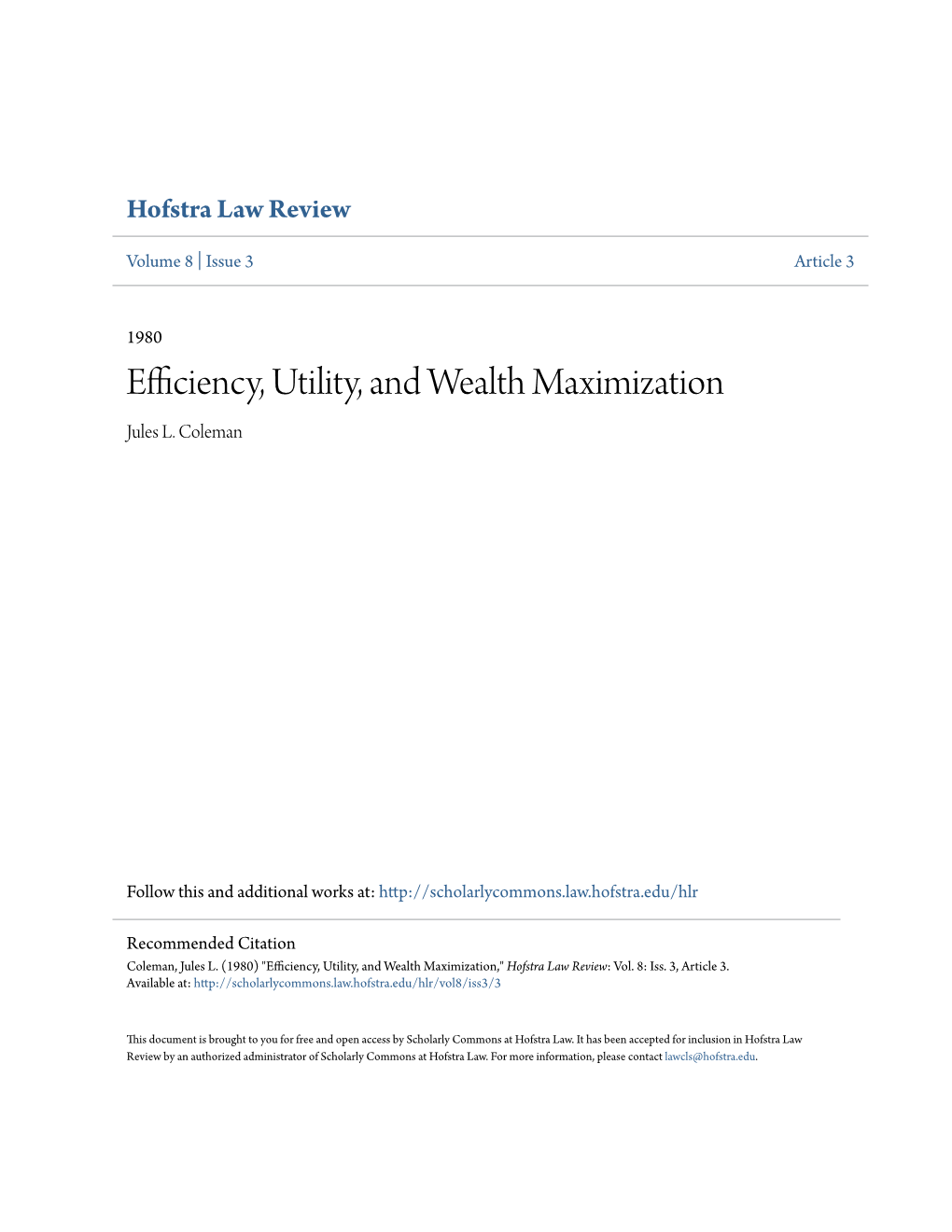 Efficiency, Utility, and Wealth Maximization Jules L