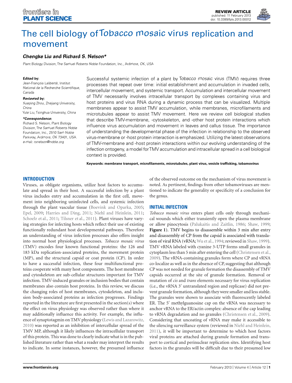 The Cell Biology of Tobacco Mosaic Virus Replication and Movement