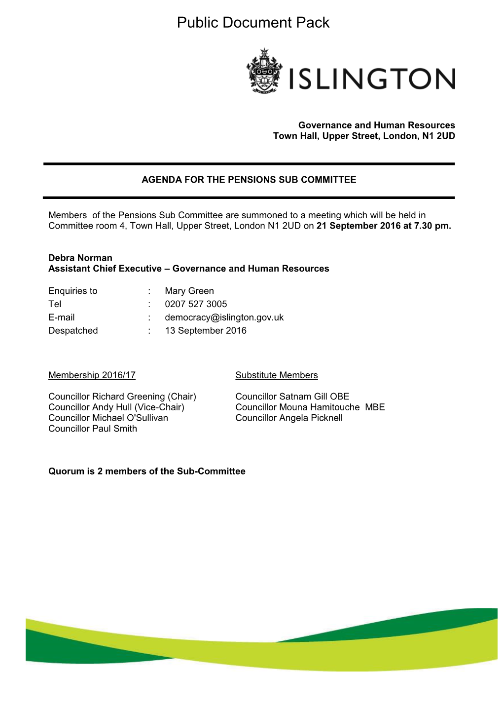 (Public Pack)Agenda Document for Pensions Sub Committee, 21/09