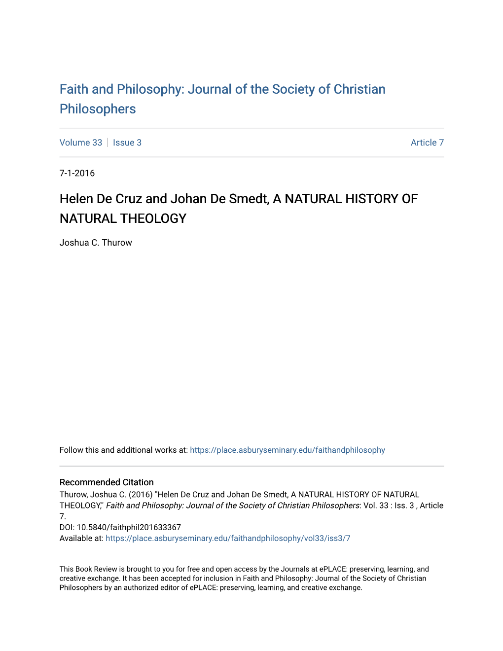 Helen De Cruz and Johan De Smedt, a NATURAL HISTORY of NATURAL THEOLOGY