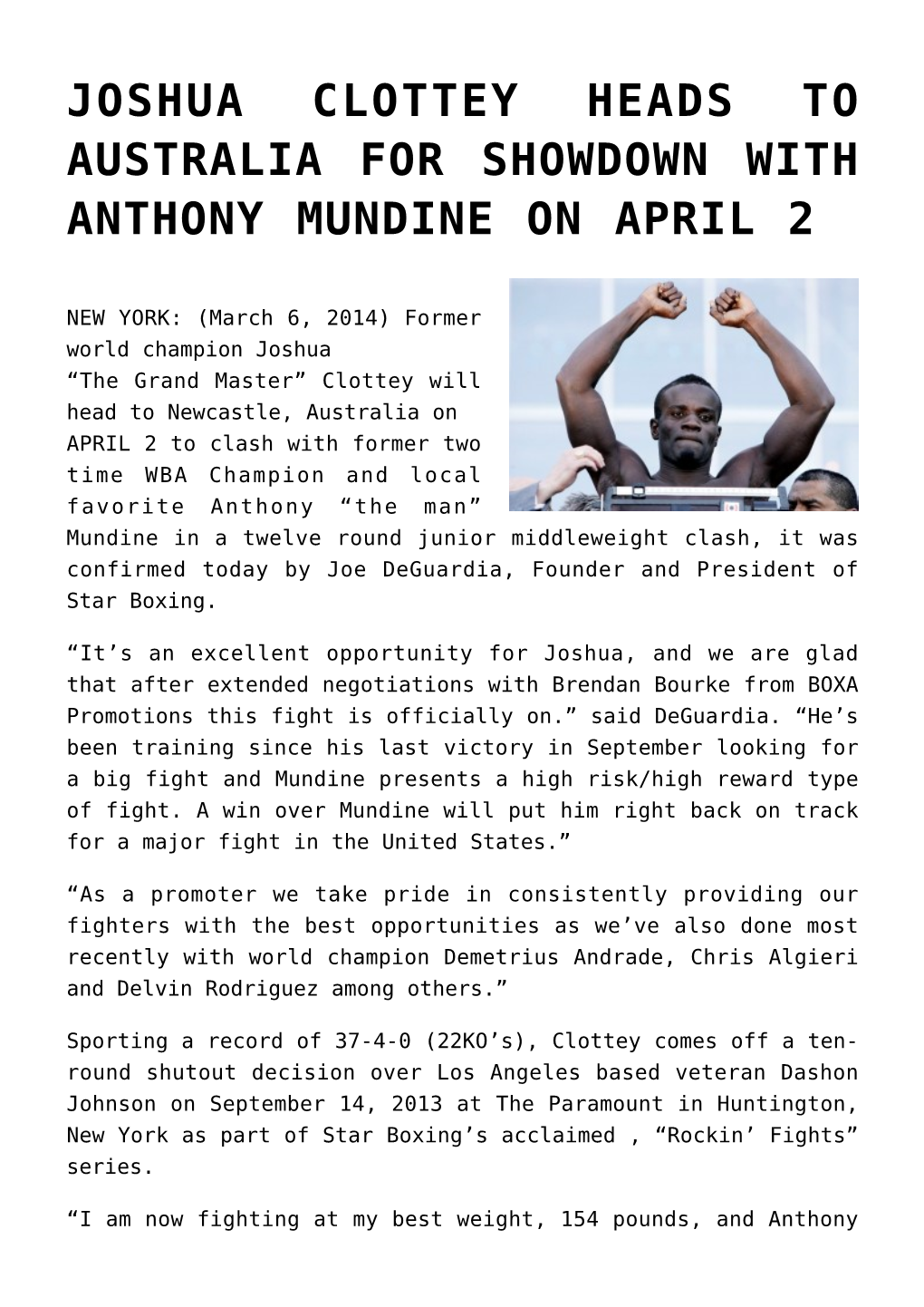 Joshua Clottey Heads to Australia for Showdown with Anthony Mundine on April 2