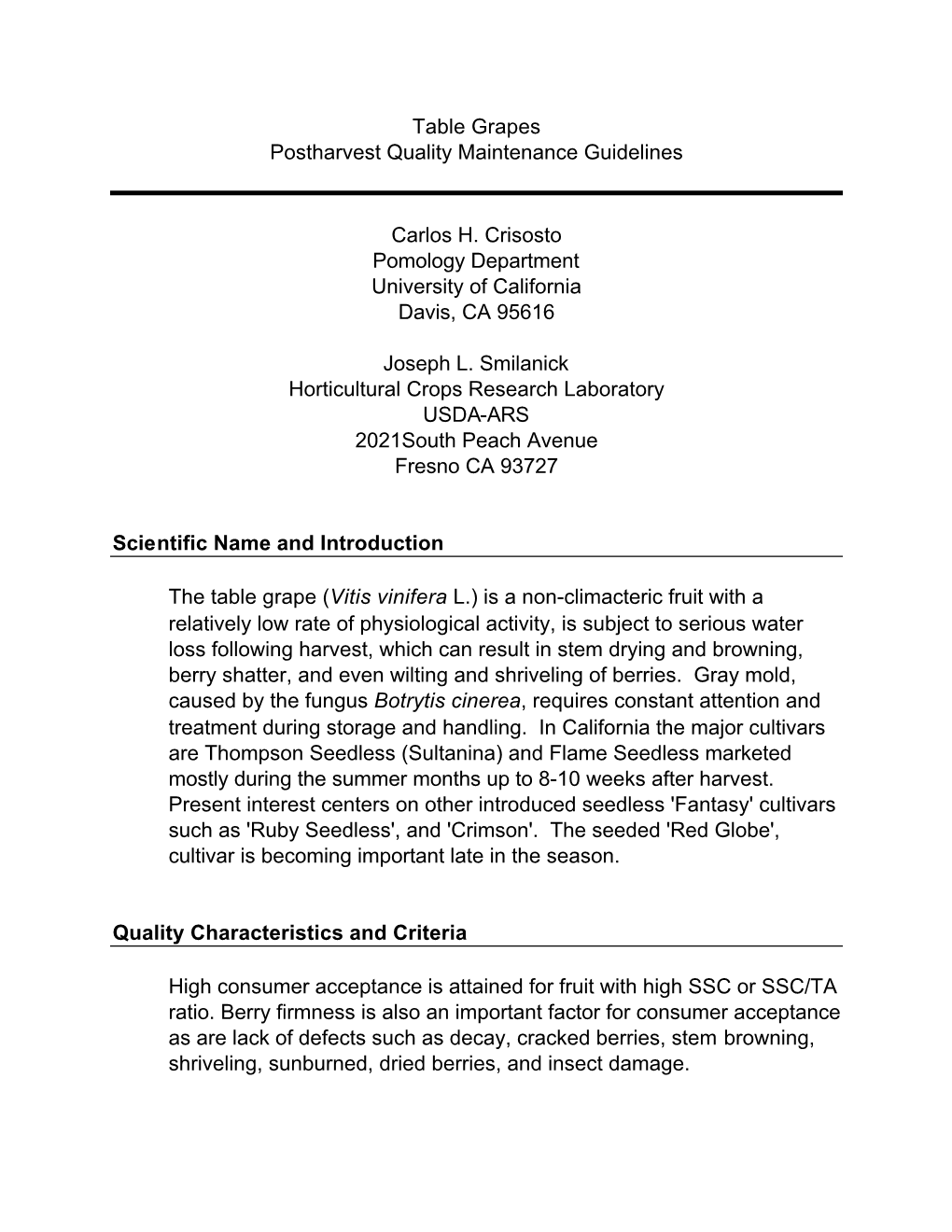 Table Grapes Postharvest Quality Maintenance Guidelines