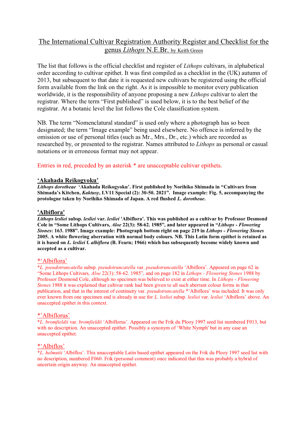 The International Cultivar Registration Authority Register and Checklist for the Genus Lithops N.E.Br