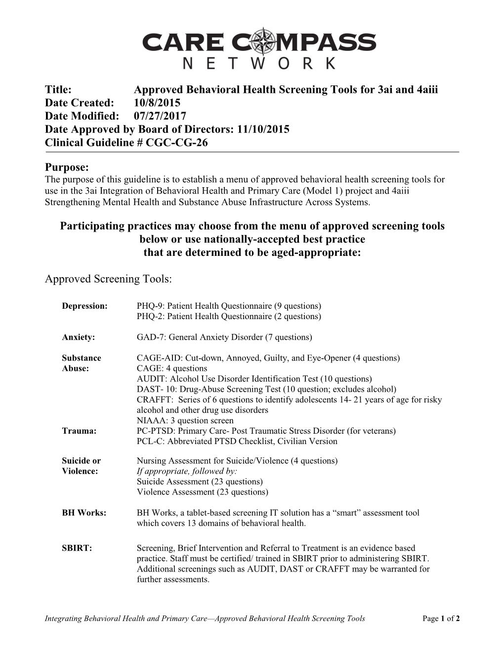 Title: Approved Behavioral Health Screening Tools for 3Ai and 4Aiii