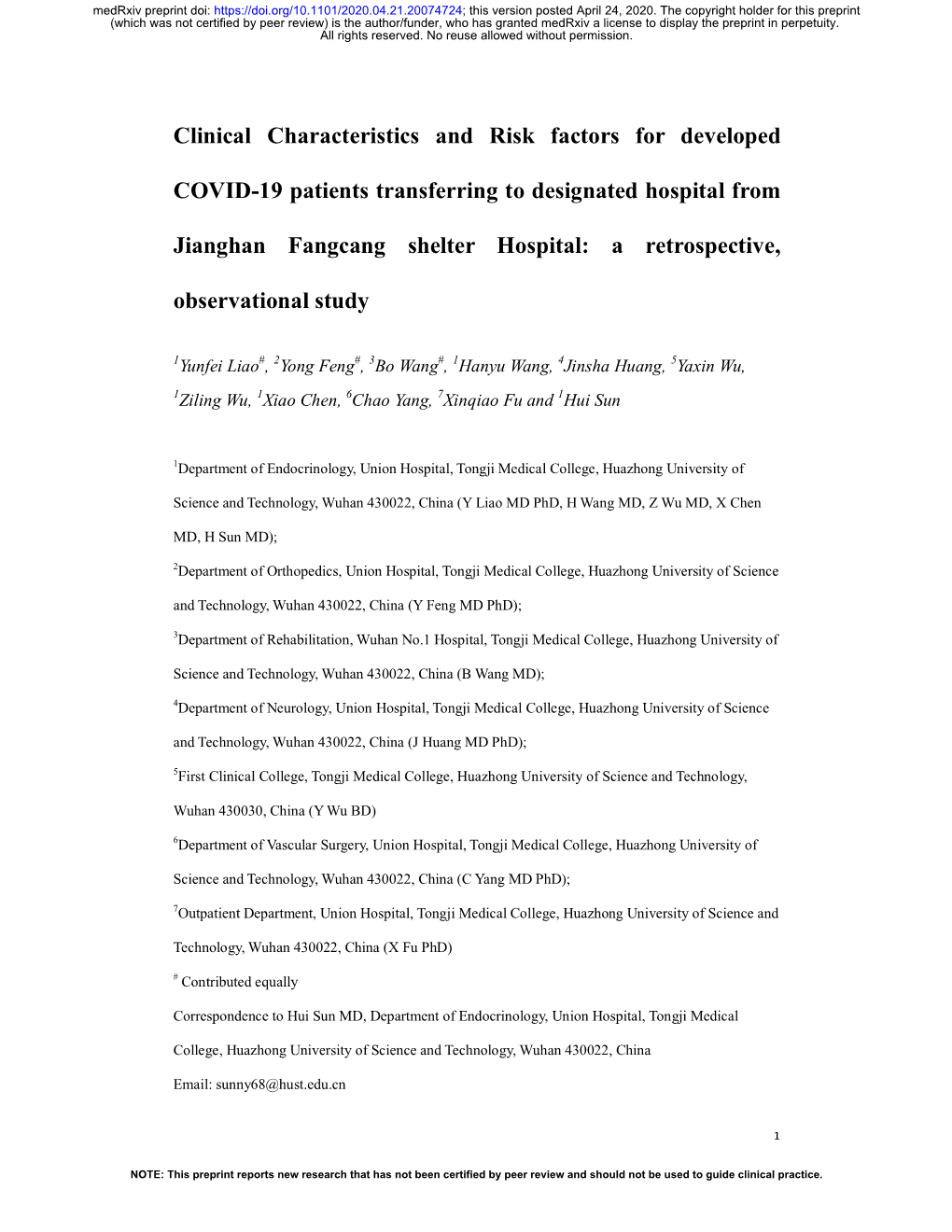 Clinical Characteristics and Risk Factors for Developed COVID-19 Patients Transferring to Designated Hospital from Jianghan Fang