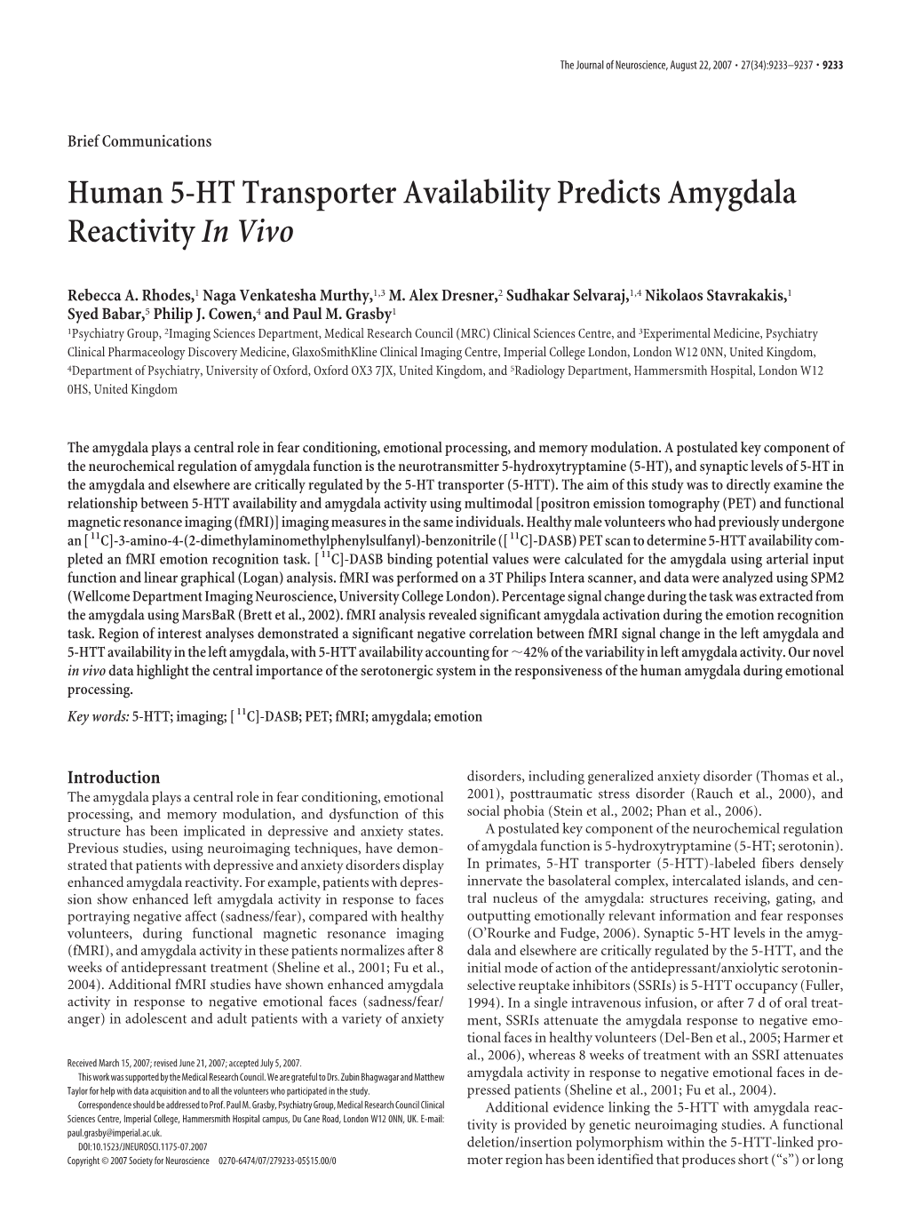 Human 5-HT Transporter Availability Predicts Amygdala Reactivityin Vivo