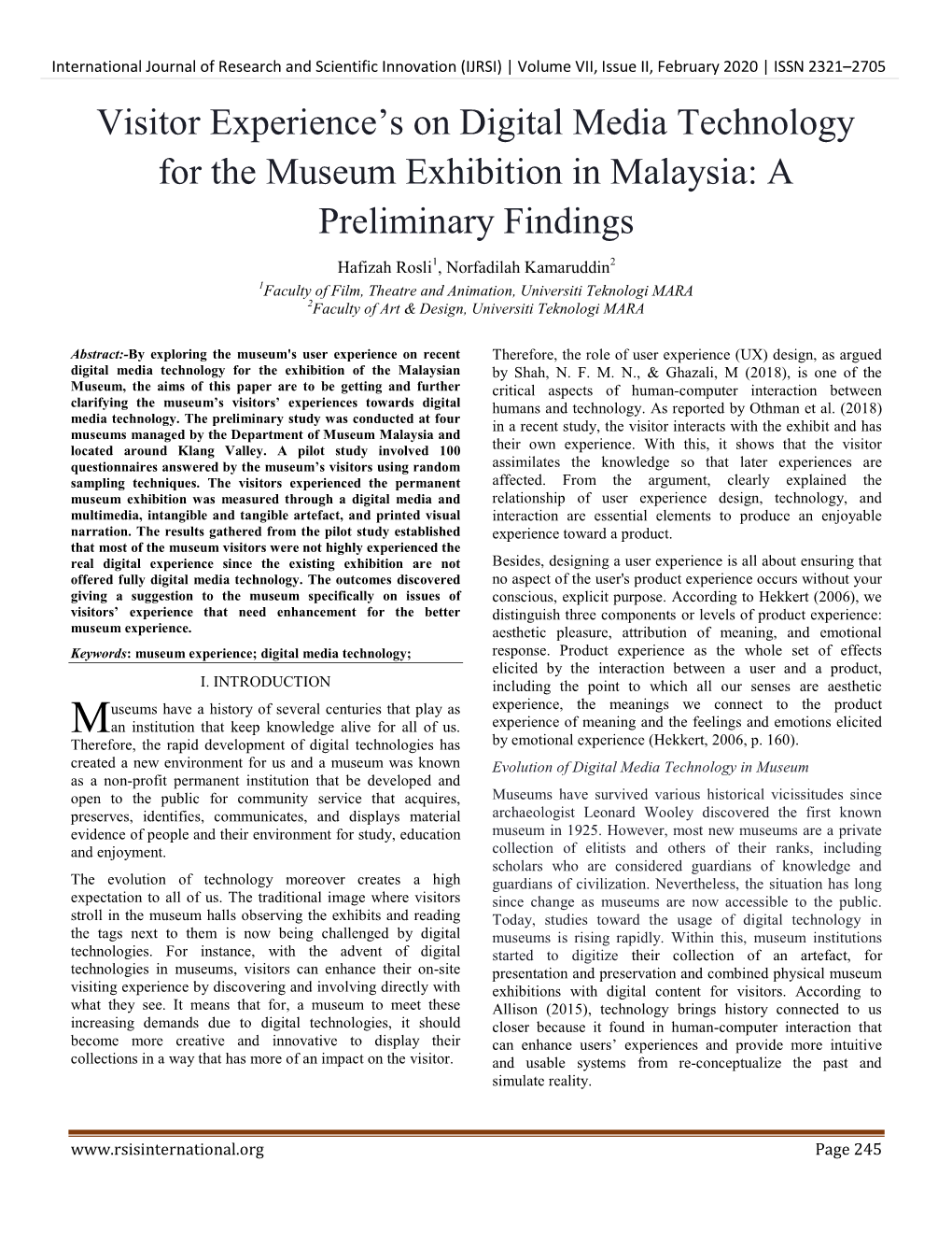 Visitor Experience's on Digital Media Technology for the Museum
