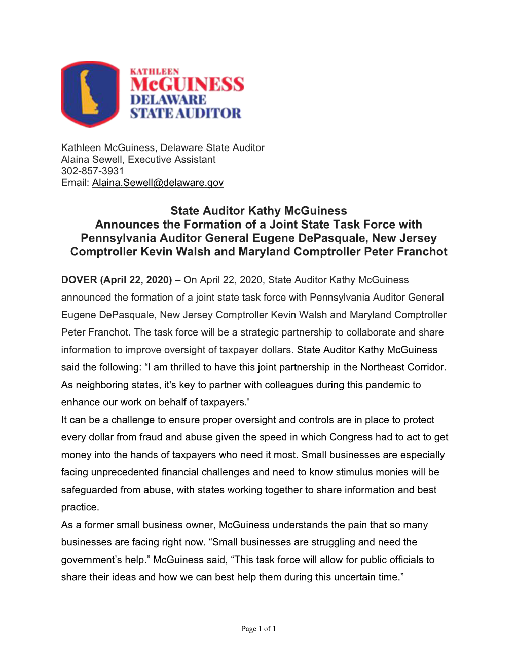 State Auditor Kathy Mcguiness Announces Formation of Joint Task