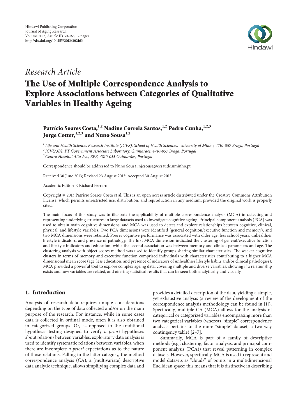 Research Article the Use of Multiple Correspondence Analysis to Explore Associations Between Categories of Qualitative Variables in Healthy Ageing