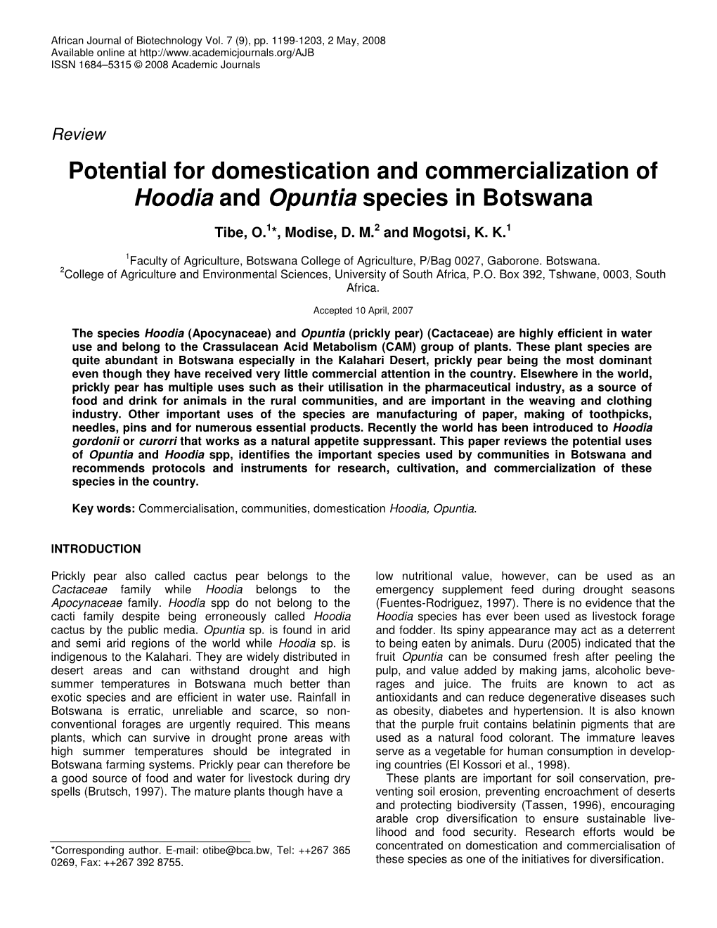 Potential for Domestication and Commercialization of Hoodia and Opuntia Species in Botswana