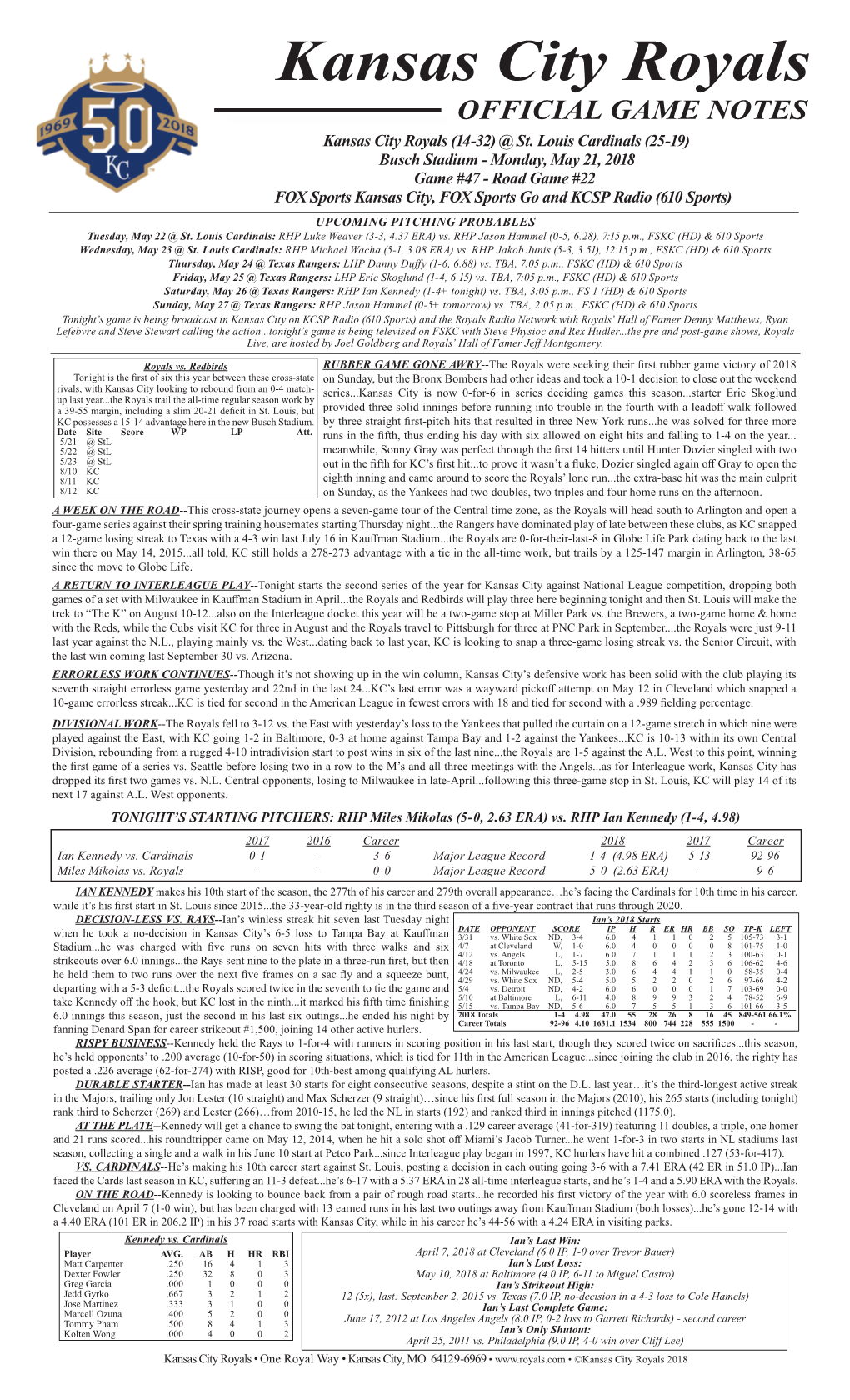 Kansas City Royals OFFICIAL GAME NOTES Kansas City Royals (14-32) @ St