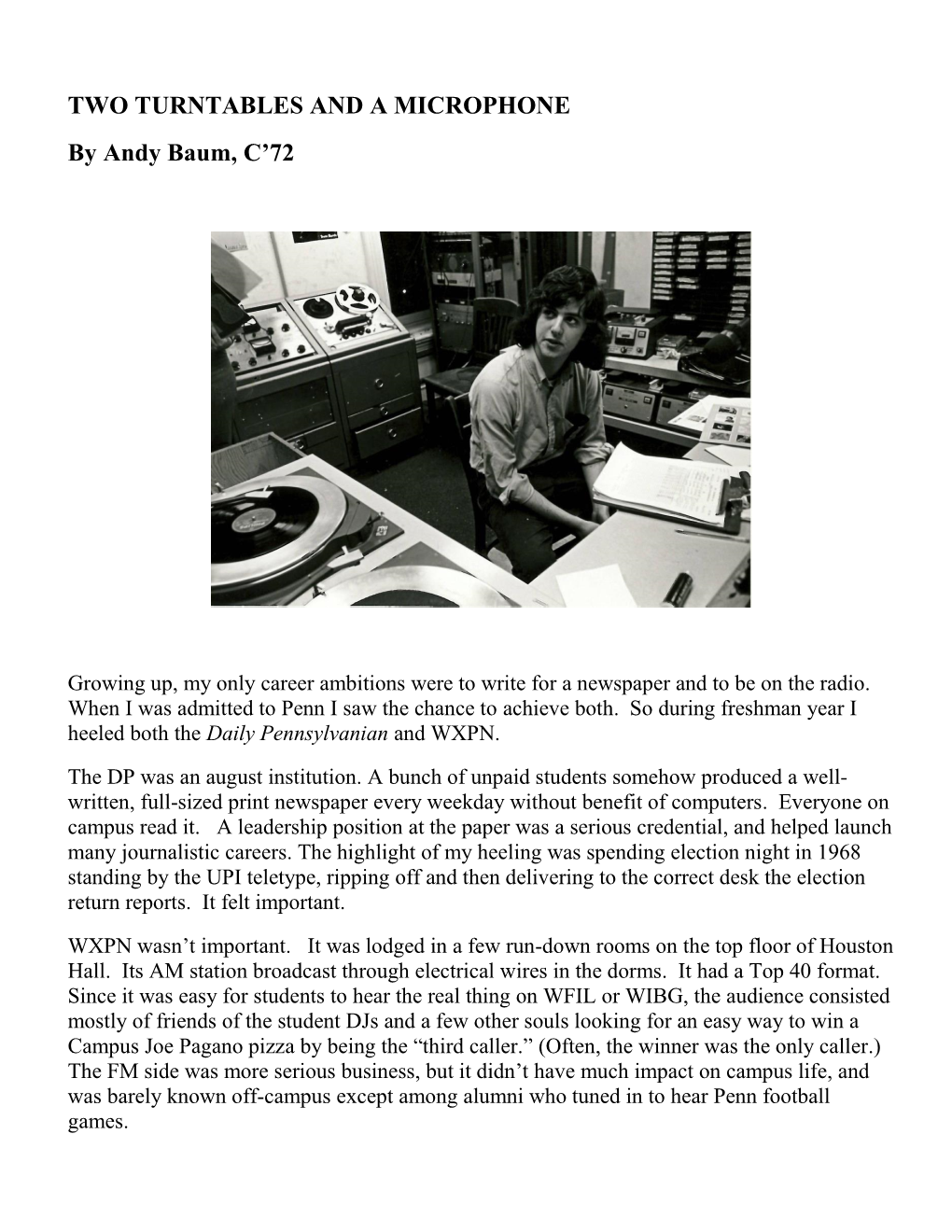 TWO TURNTABLES and a MICROPHONE by Andy Baum, C'72