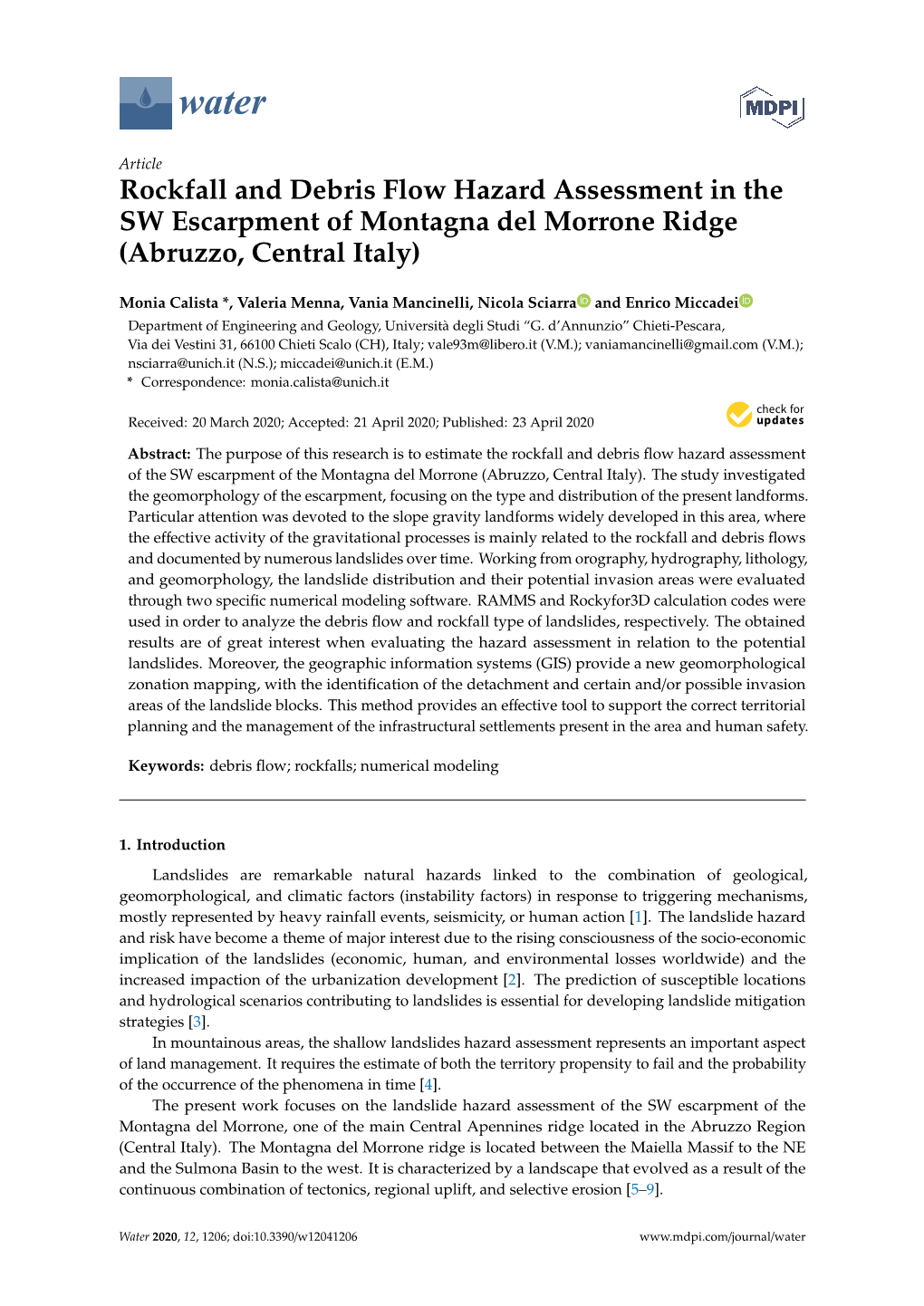 Rockfall and Debris Flow Hazard Assessment in the SW Escarpment of Montagna Del Morrone Ridge (Abruzzo, Central Italy)