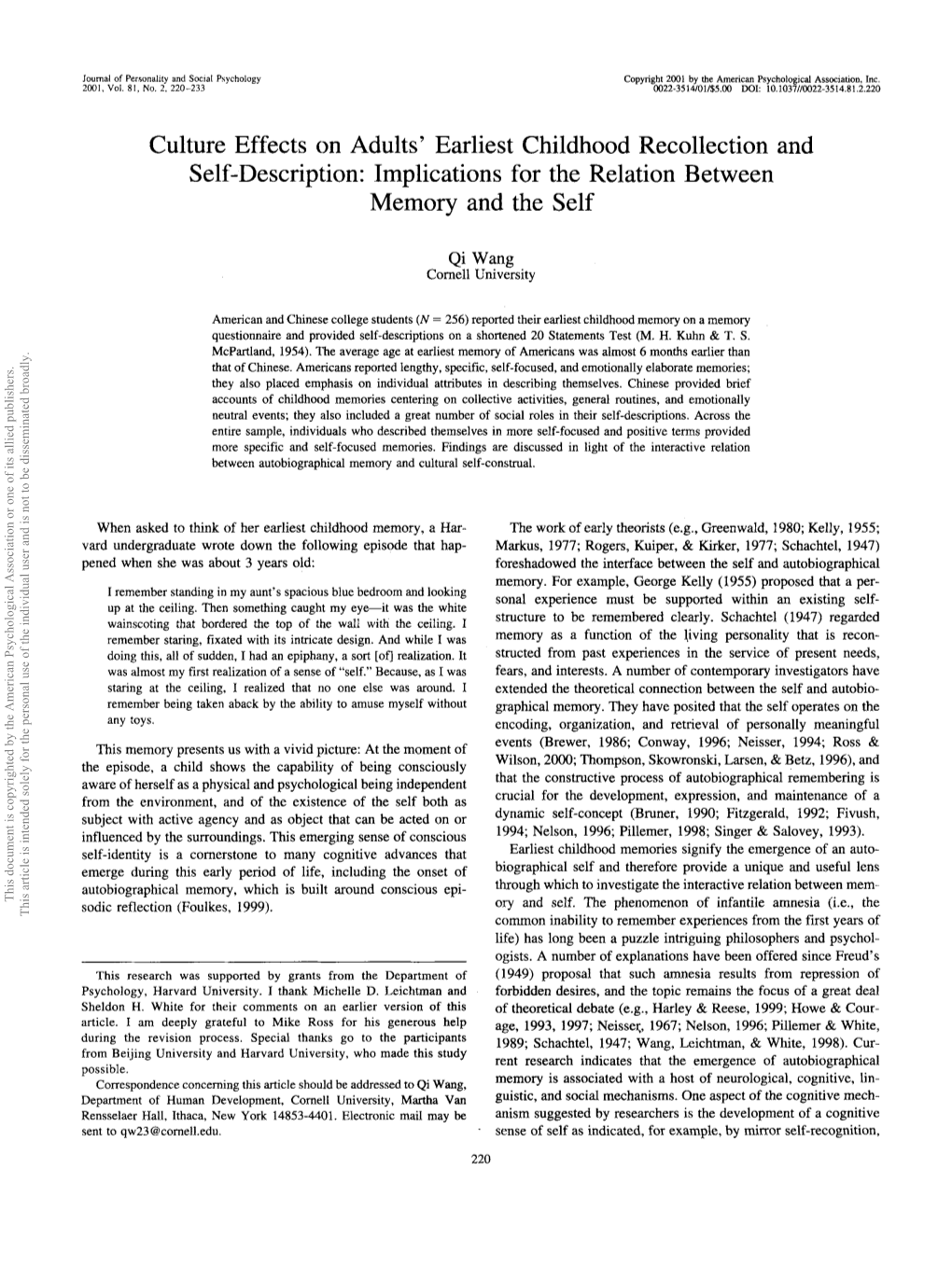 Culture Effects on Adults' Earliest Childhood Recollection and Self-Description: Implications for the Relation Between Memory and the Self