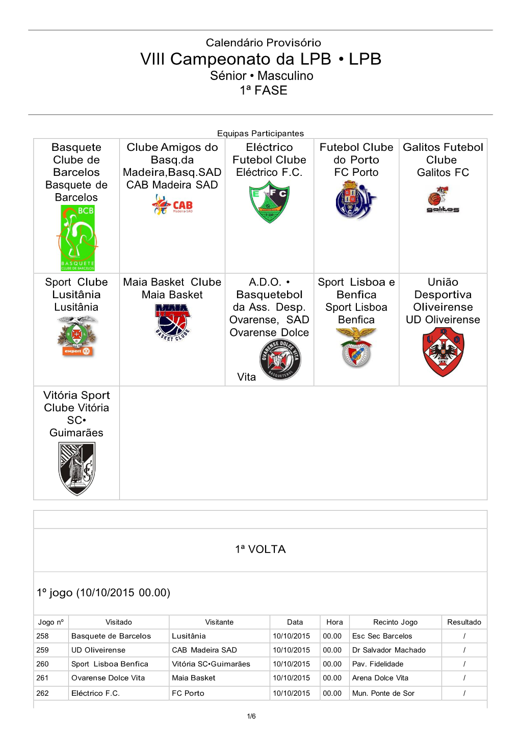 VIII Campeonato Da LPB • LPB Sénior • Masculino 1ª FASE