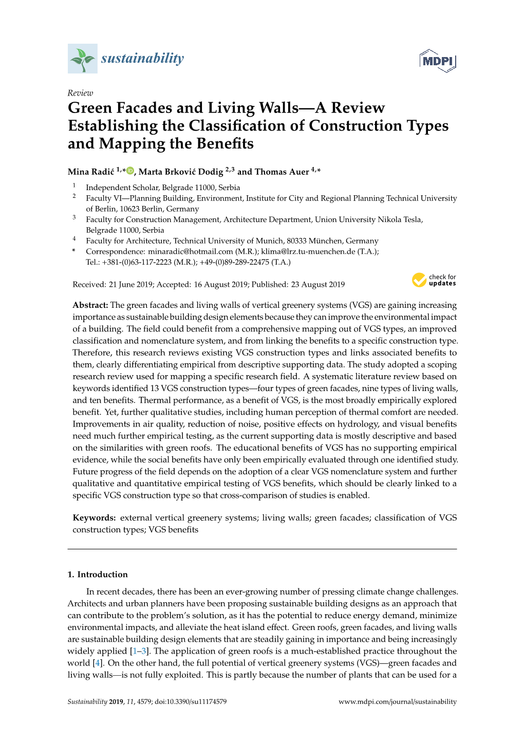 Green Facades and Living Walls—A Review Establishing the Classiﬁcation of Construction Types and Mapping the Beneﬁts