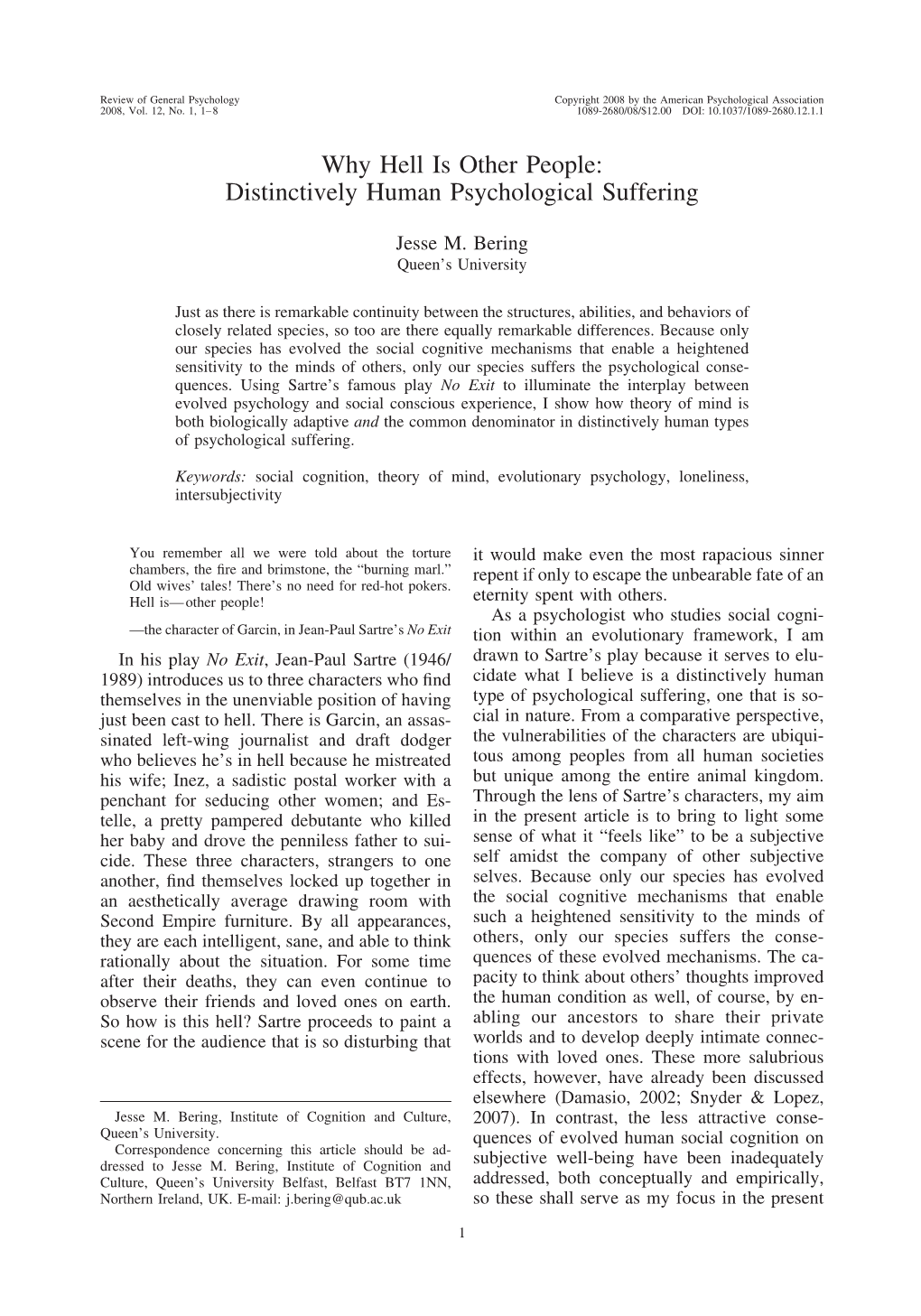 Why Hell Is Other People: Distinctively Human Psychological Suffering