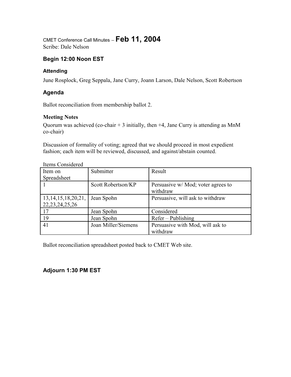 CMET Conference Call Minutes