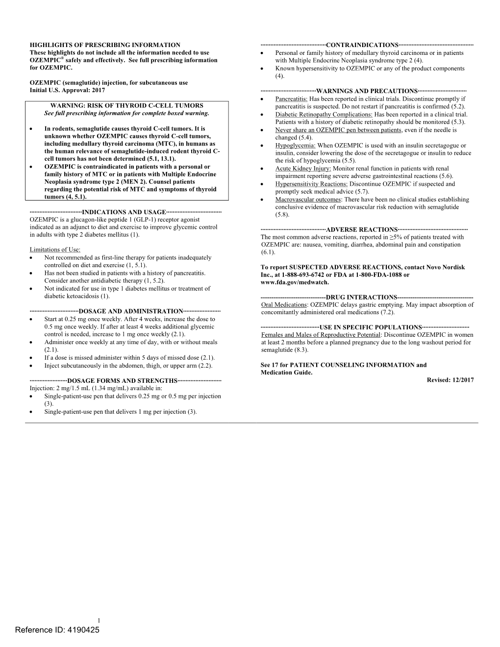 OZEMPIC (Semaglutide) Injection, for Subcutaneous Use Initial U.S