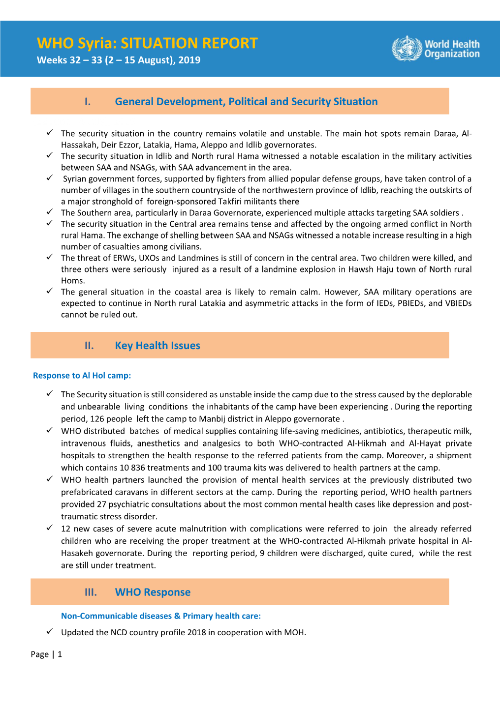 Situation Report: WHO Syria, Week 19-20, 2019