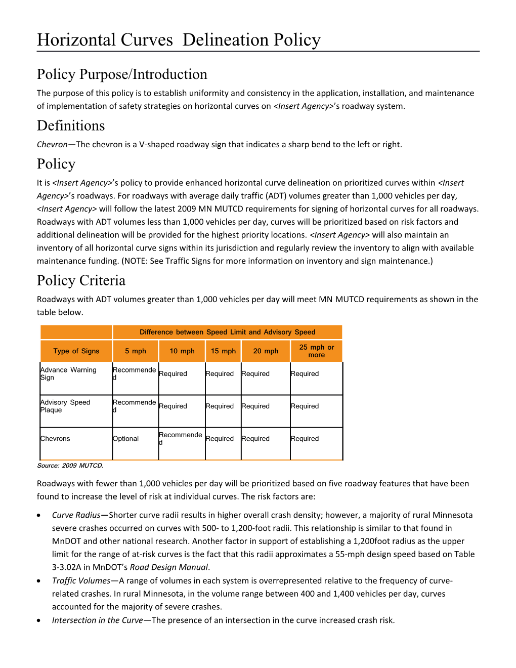 Horizontal Curves Delineation Policy