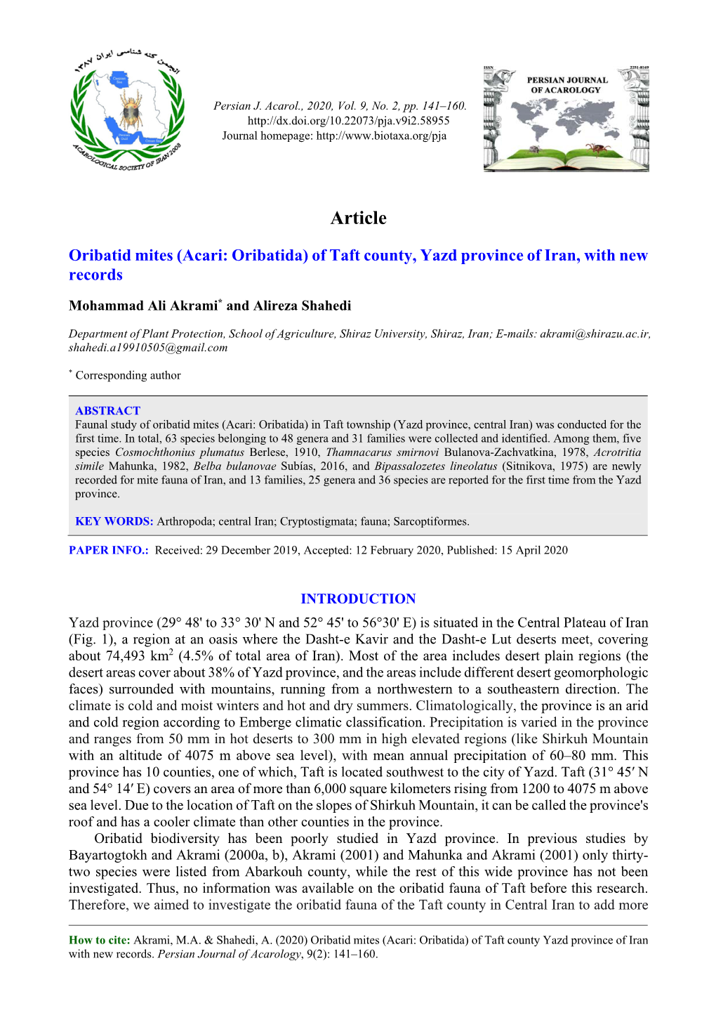 Oribatid Mites (Acari: Oribatida) of Taft County, Yazd Province of Iran, with New Records