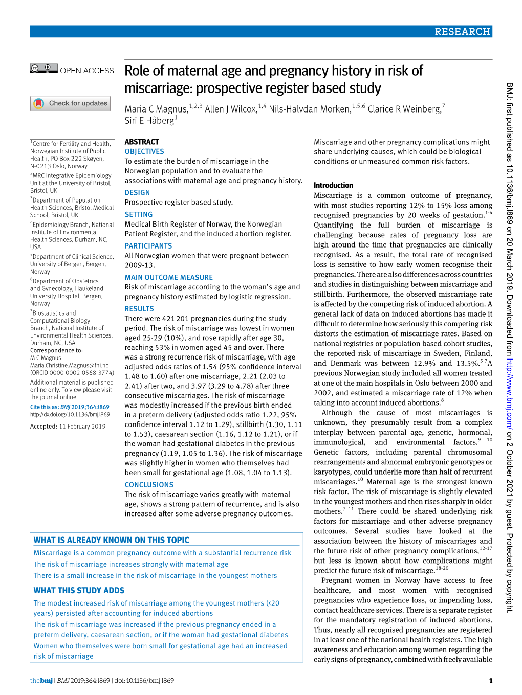 Role of Maternal Age and Pregnancy History in Risk of Miscarriage