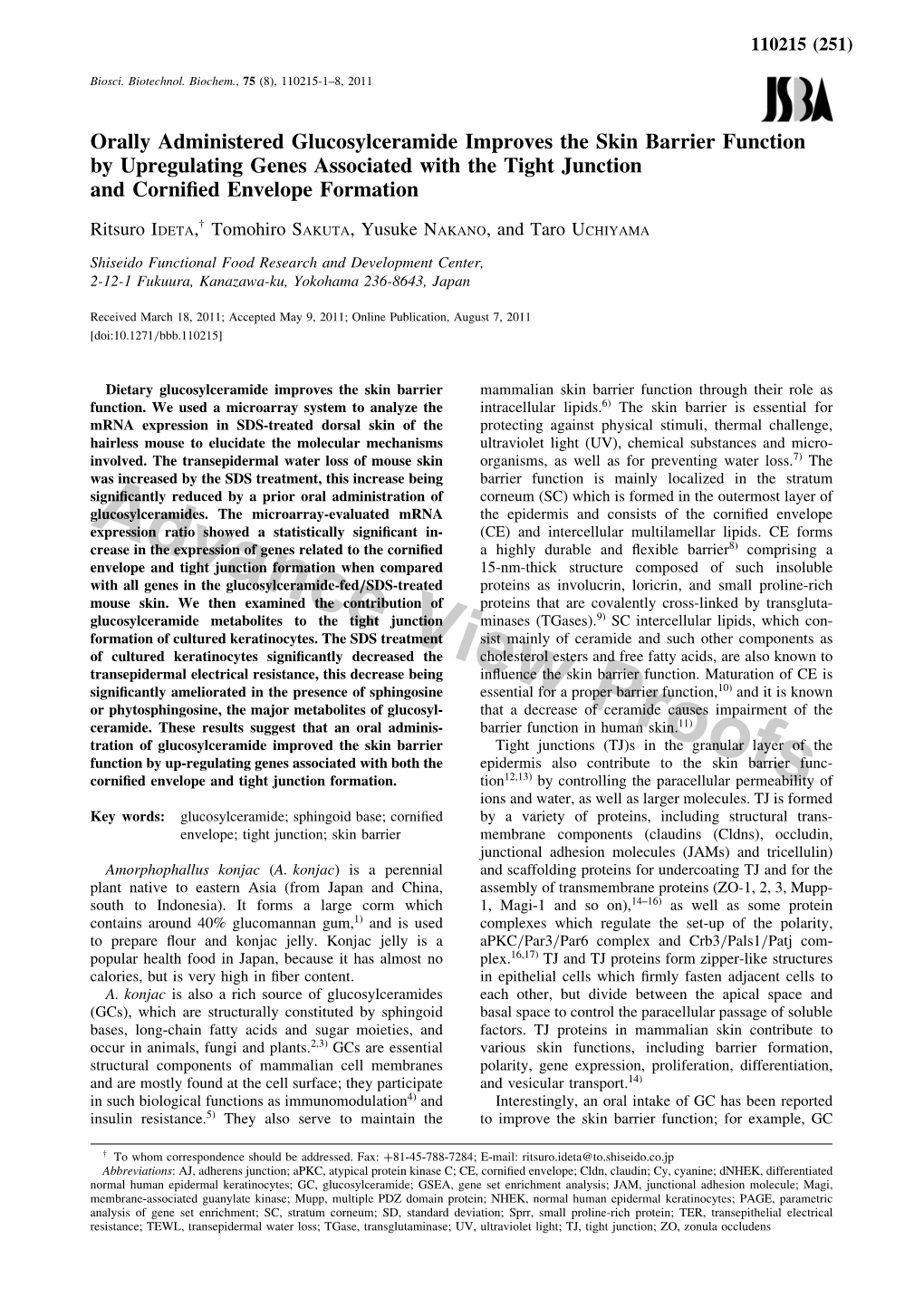 Orally Administered Glucosylceramide Improves the Skin Barrier Function by Upregulating Genes Associated with the Tight Junction and Corniﬁed Envelope Formation