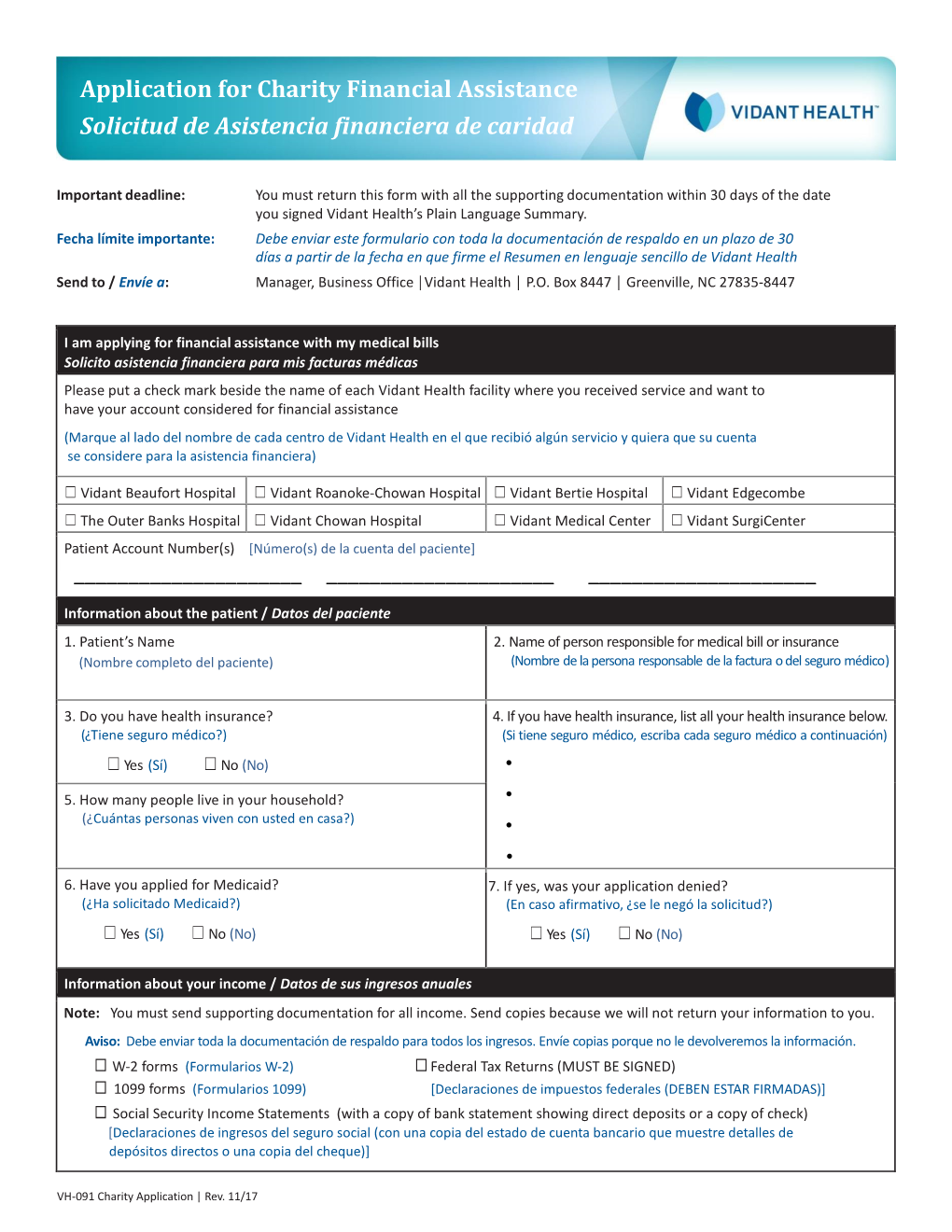 Application for Charity Financial Assistance Solicitud De Asistencia