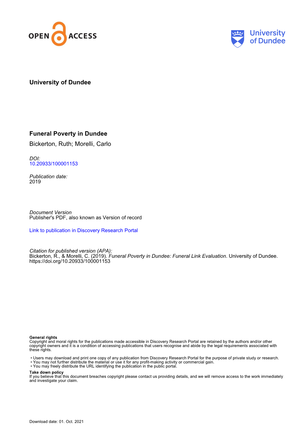 University of Dundee Funeral Poverty in Dundee Bickerton, Ruth; Morelli