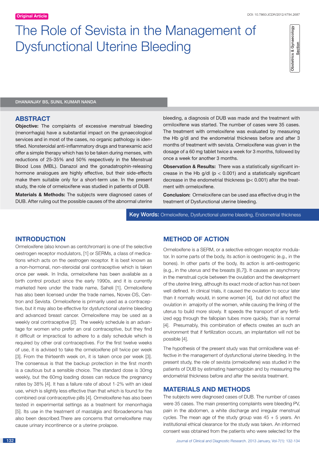 The Role of Sevista in the Management of Dysfunctional Uterine Bleeding Section Obstetrics & Gynaecology