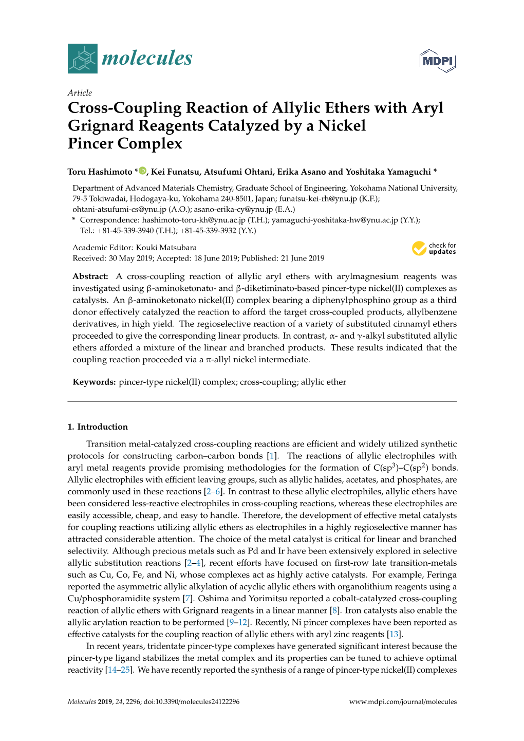 Cross-Coupling Reaction of Allylic Ethers with Aryl Grignard Reagents Catalyzed by a Nickel Pincer Complex