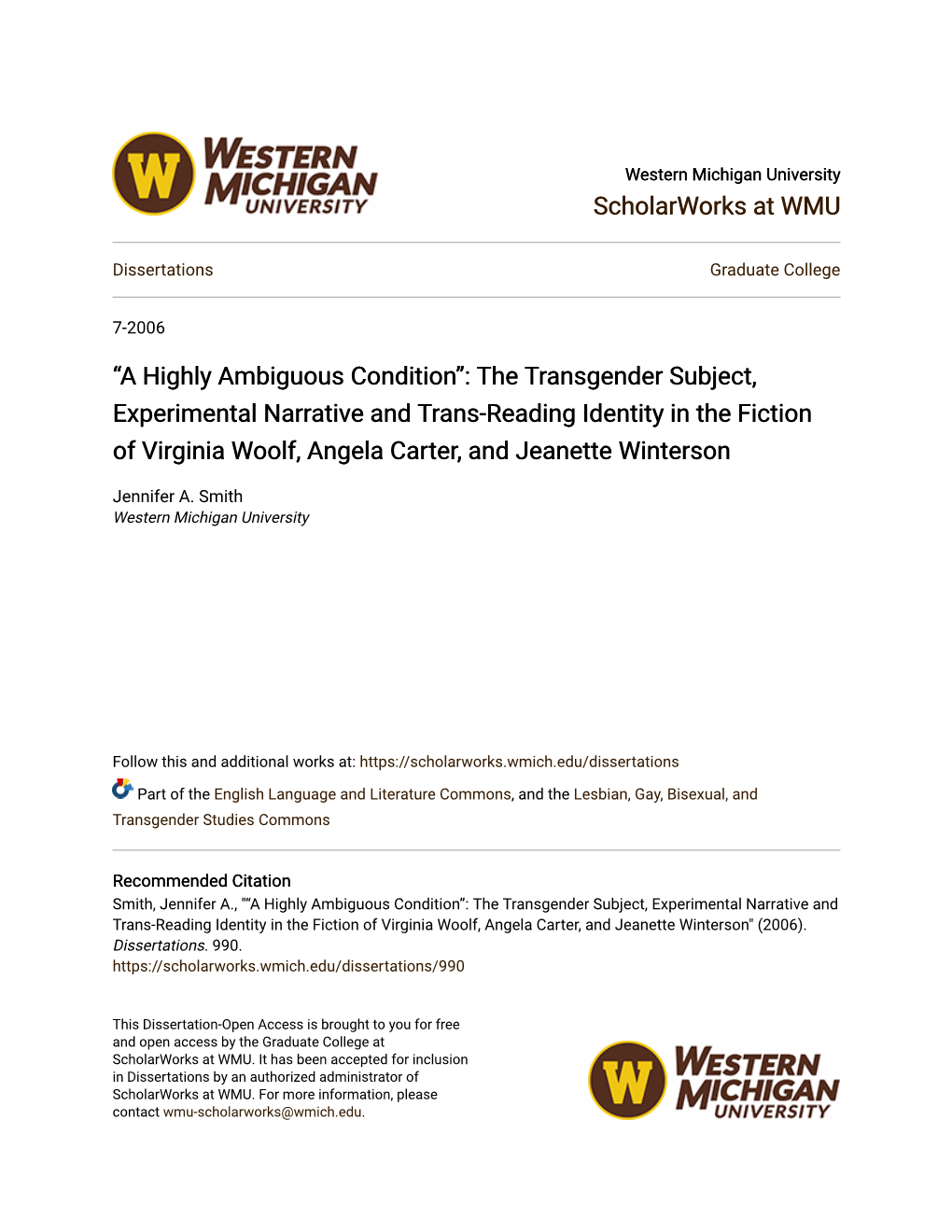 The Transgender Subject, Experimental Narrative and Trans-Reading Identity in the Fiction of Virginia Woolf, Angela Carter, and Jeanette Winterson