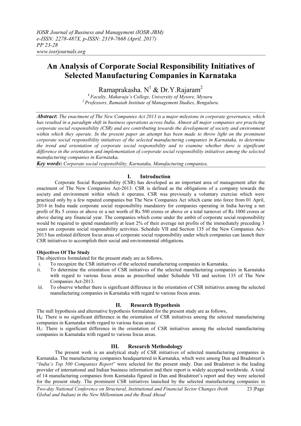 An Analysis of Corporate Social Responsibility Initiatives of Selected Manufacturing Companies in Karnataka