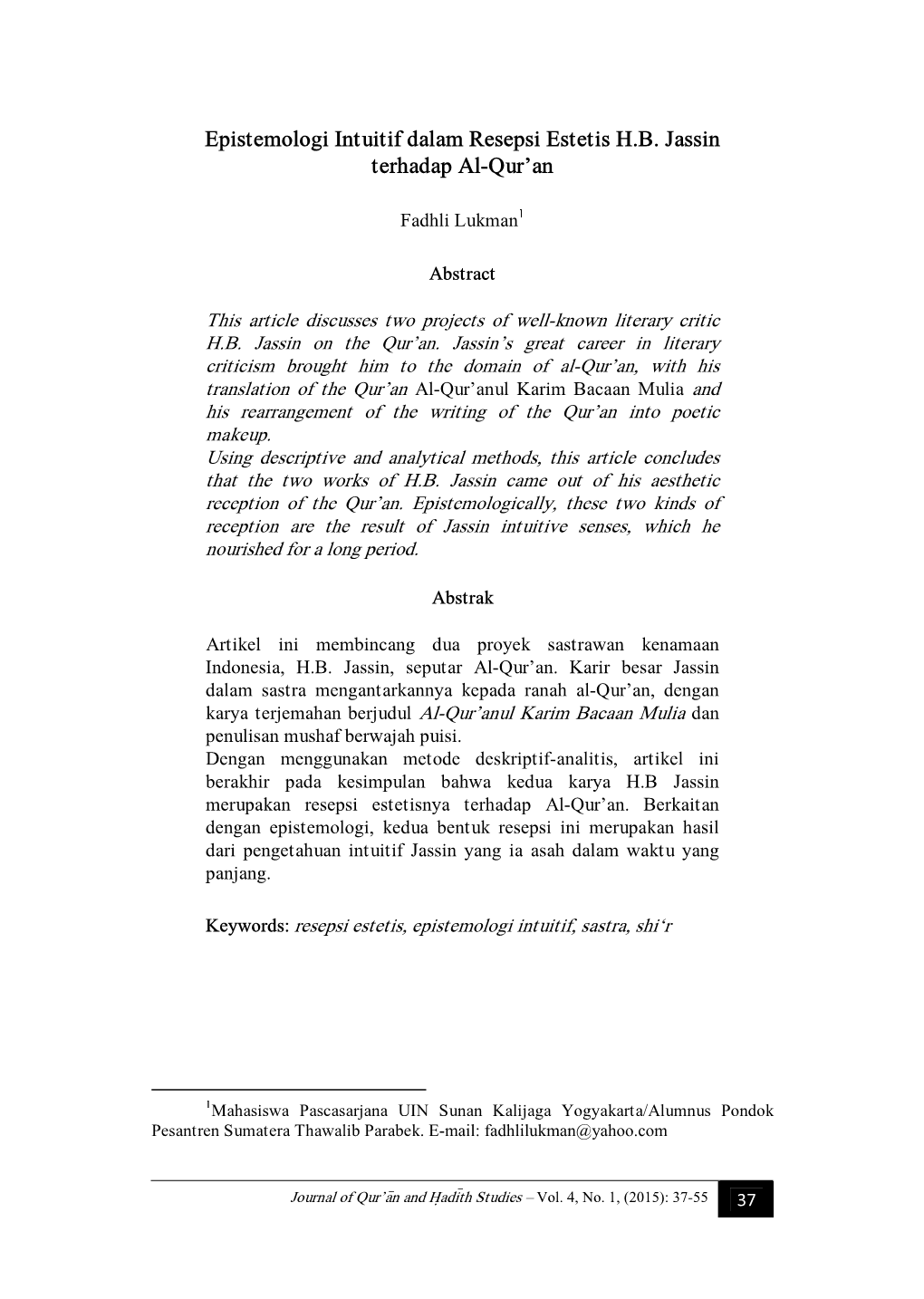 Epistemologi Intuitif Dalam Resepsi Estetis H.B. Jassin Terhadap Al-Qur'an