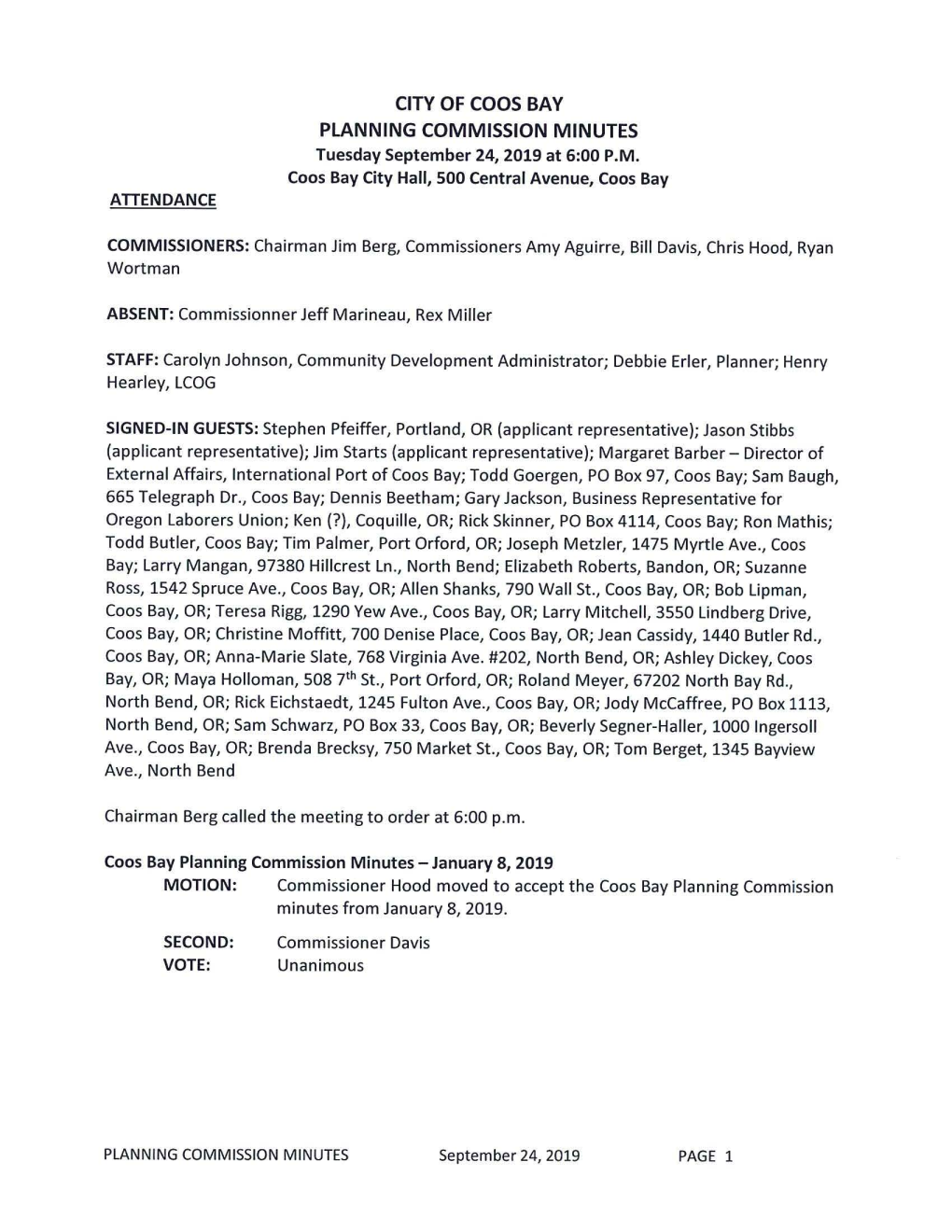 CITY of COOS BAY PLANNING COMMISSION MINUTES Tuesday September 24, 2019 at 6:00 P.M